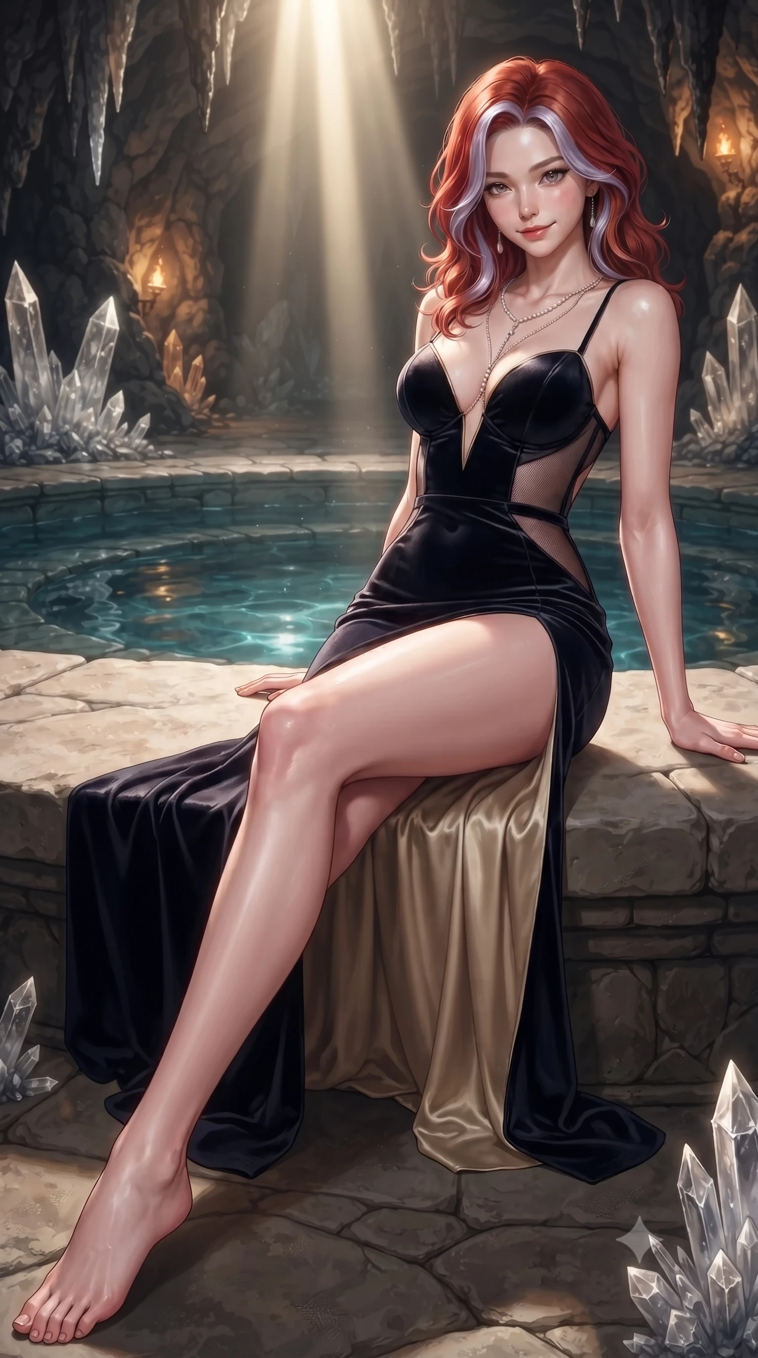 score_9, masterpiece, best quality, ultra-detailed, high-budget anime keyframe, editorial fashion photography, tasteful artistic composition, Caucasian woman. close-up cowboy shot from the waist and thighs up, the character dominates the composition, filling the frame with her large presence. tilting her head with a teasing half-smile, running one hand slowly down the side of her hip in a flirtatious S-curve as ambient light caresses her silhouette while reclining gracefully across the flat limestone ledge propped on one elbow with legs extended, displaying her long slender limbs and statuesque hourglass silhouette in the sacred sanctuary. The surrounding environment is rendered in vivid detail and crisp panoramic clarity: sharp dripstone mineral crystal facets, circular stone walkway textures, and crystal-clear underground pool water caustics in deep focus. She has an exceptionally elegant, slender, and willowy female figure with an ultra-slim waist, flat toned midriff, narrow ribcage, and sculpted feminine hips creating an alluring, slim hourglass silhouette without bulk. sharp v-shaped jawline, high-bridge nose, intricate jewel-like sparkling eyes with depth, thick eyelashes, glossy parted lips with a natural peach sheen, bright cheerful beaming smile with an enchanting and coquettish sensual glint, exuding both youthful cute charm and seductive allure, flawlessly proportioned anatomical accuracy, strict slender model proportions, natural body alignment, perfectly sculpted long slender limbs, ultra-slim waistline, clean dynamic posture without body distortion. wearing an alluring plunging sweetheart bustier dress with sheer mesh side-waist cutouts contouring her ribs in deep midnight obsidian black and champagne gold, tailored from ultra-plush silk velvet with rich tactile depth and deep shadow gradients, accented with a pearl-drop body harness subtly framing her dewy collarbones and spine, the precision-cut side openings and low-back scoop framing her graceful spine and the sensual sweep of her slim, toned hips. bathed in the theatrical 5000K vertical god-ray sunbeam shaft contrasting with warm 2600K amber cave wall accent downlights. ultra-reflective glossy finish, specular highlights, rich textural contrasts, high-contrast stereoscopic depth, volumetric dynamic lighting, 2k, ultra detail, master piece, 9:16 ratio