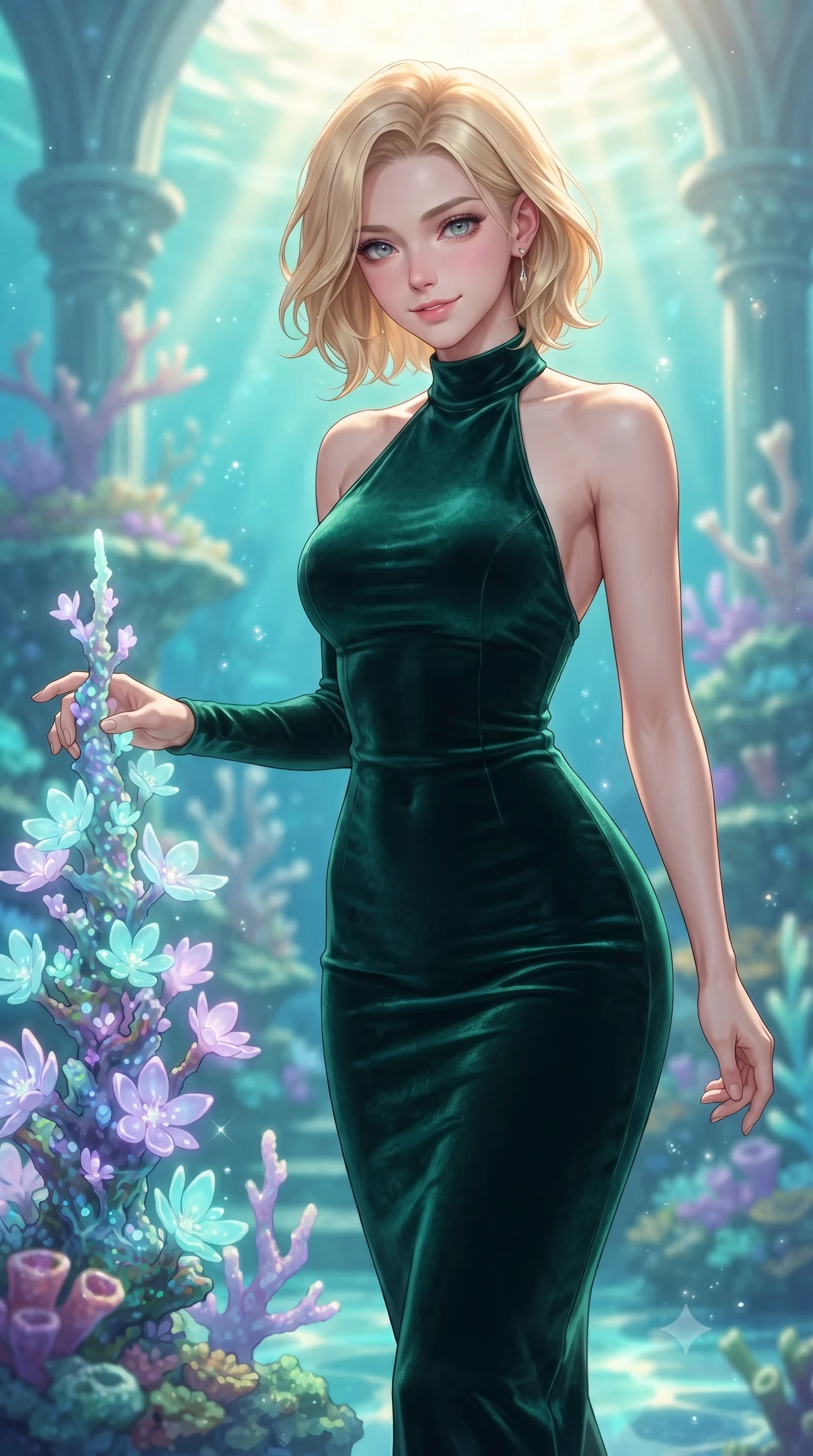 score_9, masterpiece, best quality, ultra-detailed, high-budget anime keyframe, editorial fashion photography, tasteful artistic composition, Caucasian woman. close-up cowboy shot from the waist and thighs up, the character dominates the composition, filling the frame with her large presence, background elements kept in soft focus. Smiling with quiet, magnetic self-assurance directly into the lens touching a bioluminescent coral spire in a sun-drenched underwater cathedral, glowing coral blossoms emitting soft aqua and lavender light. She has an exceptionally elegant, slender, and willowy female figure with an ultra-slim waist, a gracefully sculpted slender torso, and a refined silhouette. sharp v-shaped jawline, high-bridge nose, intricate jewel-like eyes with depth, thick eyelashes, glossy lips with a natural sheen. wearing a velvet halter-neck midi dress in deep emerald, following her form like a glove, the form-contouring material highlighting her ultra-slim waist and long lines. surrounded by a shimmering ocean aura with bright pearl-white rim lights. highly saturated vibrant anime colors, detailed shading with soft gradients, rich glossy textures, high-contrast stereoscopic depth, volumetric dynamic lighting, master piece, 9:16 ratio