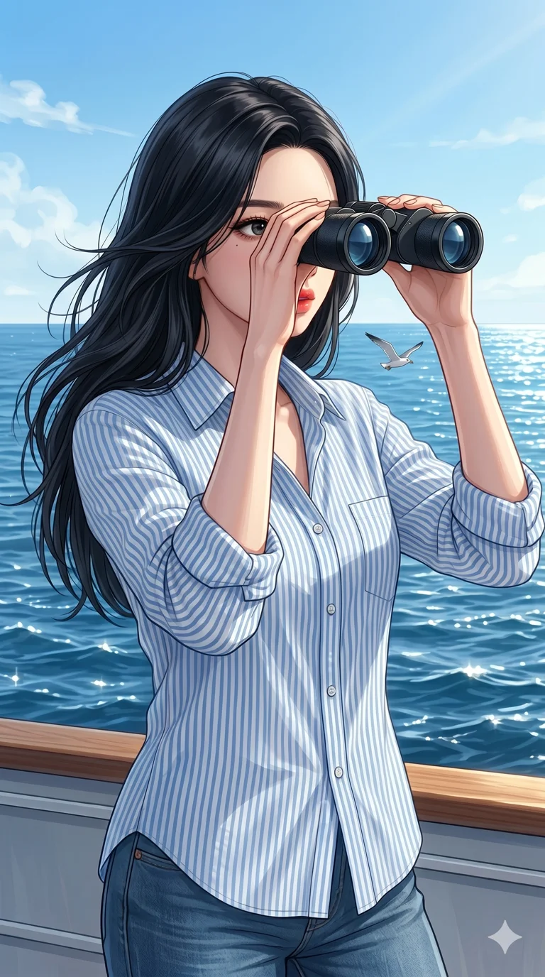 score_9, score_8_up, score_7_up, source_anime, masterpiece, best quality, ultra-detailed, same character with long flowing black hair, wearing a blue striped button-down shirt, upper body close-up from thigh up filling the screen, looking through binoculars with a curious expression, ocean background with seagull, bright daylight, 2k, 9:16 ratio