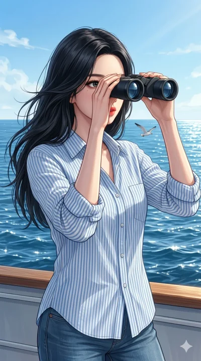 score_9, score_8_up, score_7_up, source_anime, masterpiece, best quality, ultra-detailed, same character with long flowing black hair, wearing a blue striped button-down shirt, upper body close-up from thigh up filling the screen, looking through bin