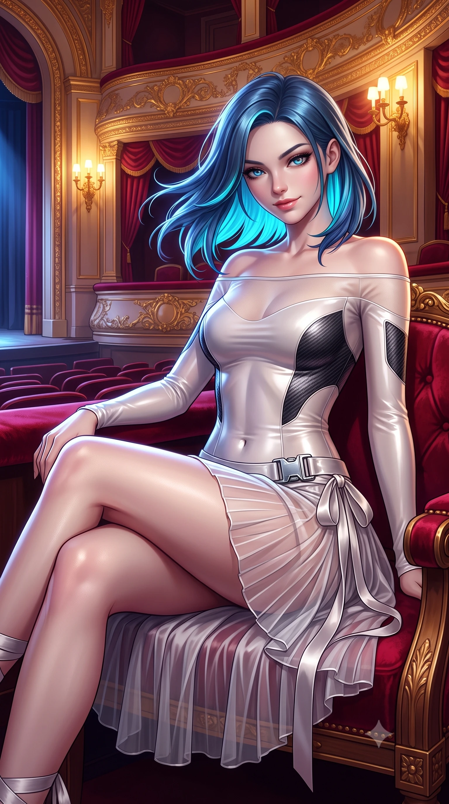 score_9, masterpiece, best quality, ultra-detailed, high-budget anime keyframe, semi-realistic 3D game render, editorial fashion photography, tasteful artistic composition, Caucasian woman. close-up cowboy shot from the waist and thighs up, the character dominates the composition, filling the frame with her large presence. turning slowly with an enchanting smoldering smile, her glossy hair tossing in the breeze as her hips angle gracefully in a captivating contrapposto while lounging across the crimson velvet royal box seating with legs crossed, arching her lower back with sovereign high-society allure. The surrounding environment is rendered in vivid detail and crisp panoramic clarity: detailed sheer ballet wrap skirt, satin ribbon ankle ties, and opulent theater craftsmanship in razor-sharp resolution. She has an exceptionally elegant, slender, and willowy female figure with an ultra-slim waist, flat toned midriff, narrow ribcage, and sculpted feminine hips creating an alluring, slim hourglass silhouette without bulk. sharp v-shaped jawline, high-bridge nose, sparkling eyes with hypnotic seductive depth, thick curled eyelashes, glossy parted lips with a natural dewy peach sheen, alluring bedroom-eyes with an enchanting coquettish smile, exuding magnetic siren charisma and sophisticated glamour, flawlessly proportioned anatomical accuracy, strict slender model proportions, natural body alignment, perfectly sculpted long slender limbs, ultra-slim waistline, clean dynamic posture without body distortion. wearing an off-the-shoulder sheer-illusion mesh stealth catsuit with strategically placed carbon-fiber patches hugging her curves in pure pearl alabaster with liquid platinum sheen, crafted from fluid liquid silk satin that clings smoothly to every curve with a dewy sheen, accented with a quick-release tactical chrome buckle harness resting snugly across her hips, the form-contouring silhouette accentuating her sculpted flat midriff, narrow delicate ribcage, and gracefully curvy hips with intoxicating allure. bathed in warm amber light spilling from gilded sconces mixed with stage illumination bounce. highly saturated vibrant anime colors, detailed shading with soft gradients, rich glossy textures, high-contrast stereoscopic depth, volumetric dynamic lighting, master piece, 9:16 ratio