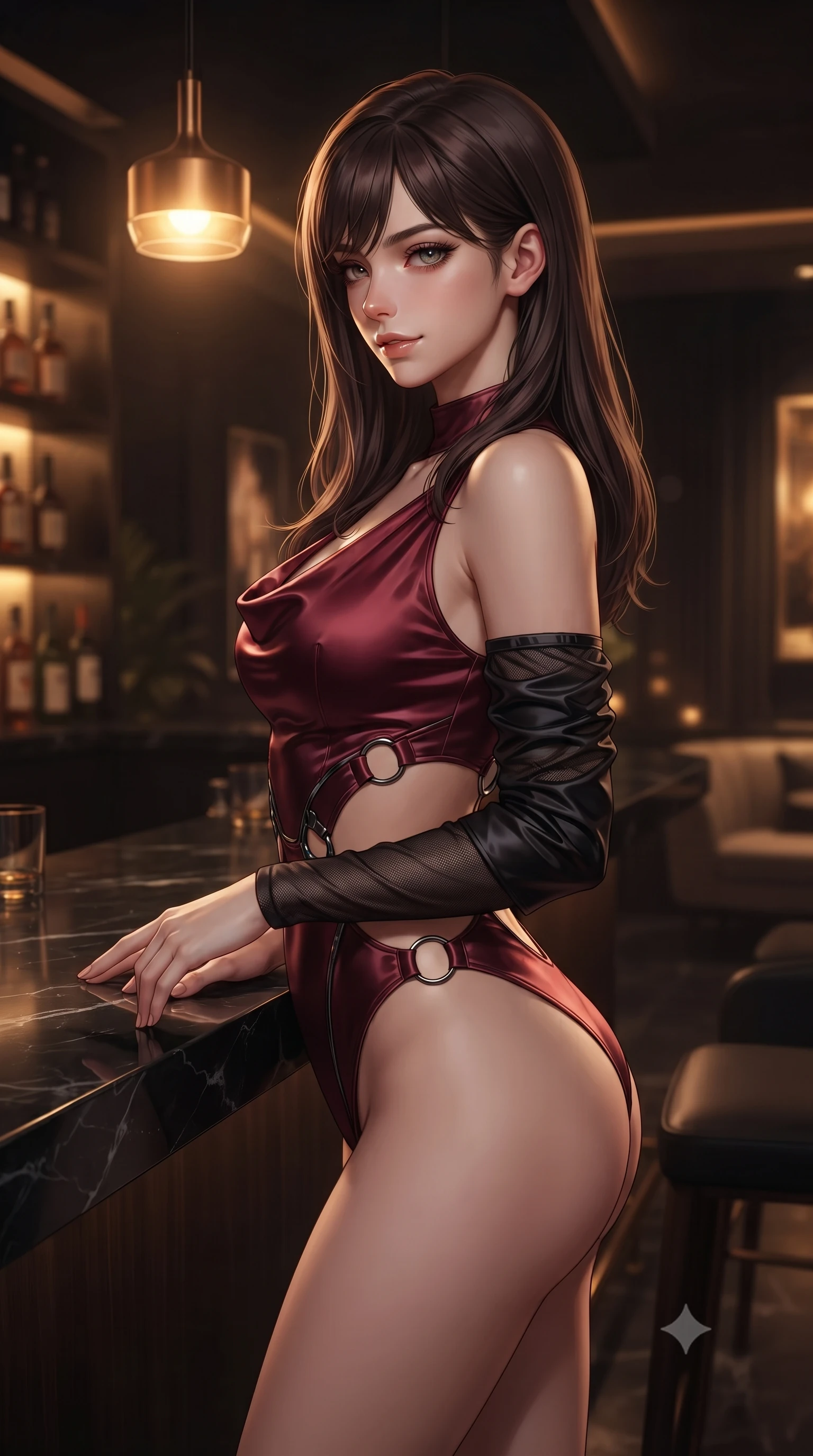 score_9, masterpiece, best quality, ultra-detailed, high-budget anime keyframe, editorial fashion photography, tasteful artistic composition, Korean woman. close-up cowboy shot from the waist and thighs up, the character dominates the composition, filling the frame with her large presence, background elements kept in soft focus. Glancing sidelong over her shoulder with a smoldering, enigmatic half-smile, standing beside a polished black marble bar counter under a low amber pendant light, sensual nocturnal ambiance with high-fashion luxury details. She has an exceptionally elegant, slender, and willowy female figure with an ultra-slim waist, a gracefully sculpted slender torso, and a refined silhouette. sharp v-shaped jawline, high-bridge nose, intricate jewel-like eyes with depth, thick eyelashes, glossy lips with a natural sheen. wearing asymmetric high-cut cyber-bodysuit with detached sleeves in onyx black in deep crimson burgundy, made of soft crimson satin, trimmed with dark chrome ring hardware along the waist contours, sculpting her athletic slender build with refined precision. lit by low-key golden rays highlighting her refined silhouette. highly saturated vibrant anime colors, detailed shading with soft gradients, rich glossy textures, high-contrast stereoscopic depth, volumetric dynamic lighting, master piece, 9:16 ratio