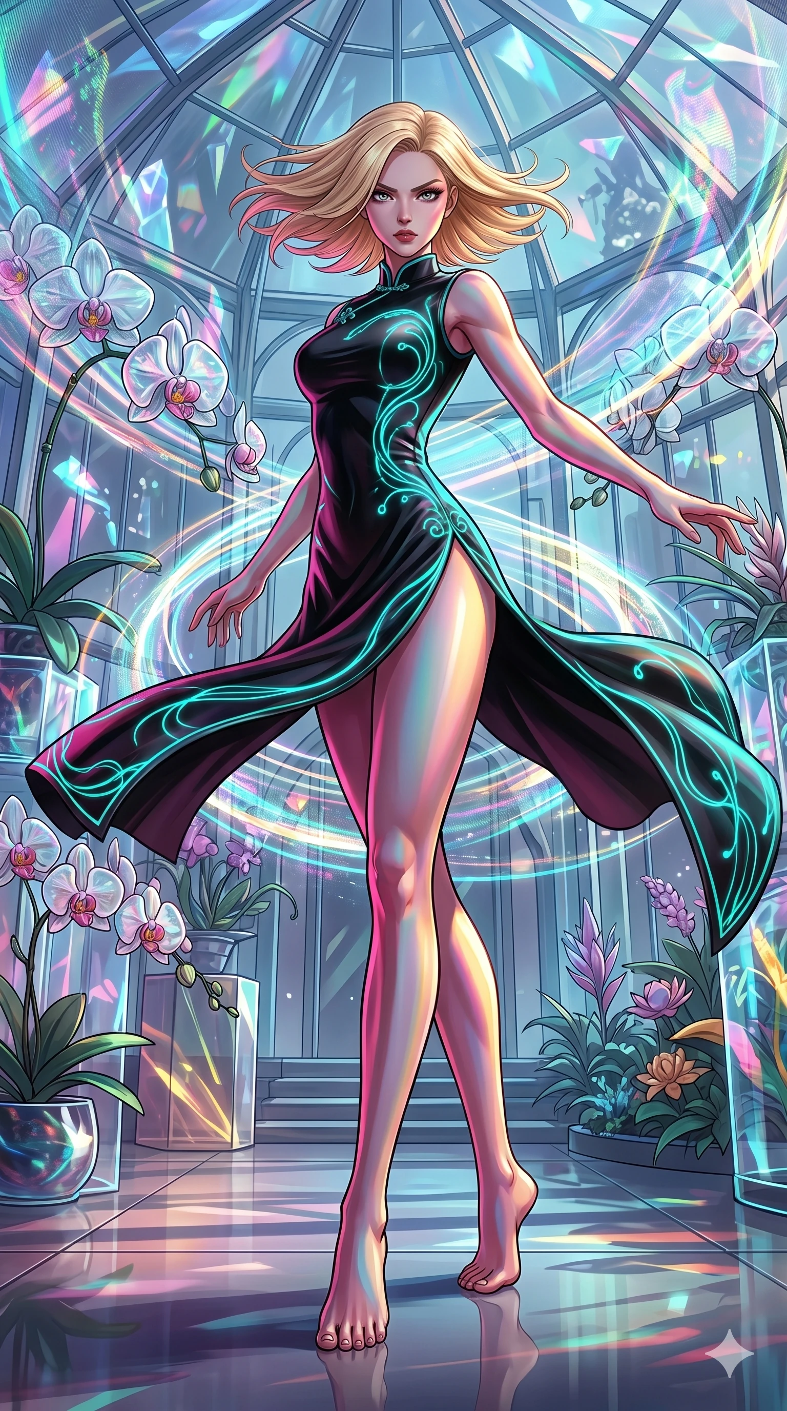 score_9, masterpiece, best quality, ultra-detailed, high-budget anime keyframe, editorial fashion photography, tasteful artistic composition, Korean woman. low angle full-body shot from head to toe showing her feet, filling the entire 9:16 vertical frame with her statuesque presence, stretching her vertical silhouette. Spinning in a rapid mid-turn, her garments and hair caught in a dramatic centrifugal swirl inside a crystal palace greenhouse filled with glass-flowered orchids. She has an absolutely perfect 8-heads proportion, an exceptionally tall and slender female figure with impossibly long slender legs and an ultra-slim waist. V-shaped jawline, high-bridge nose, intricate jewel-like eyes with depth, thick eyelashes, glossy lips with a natural sheen. wearing a modernized black silk qipao featuring a high side slit and glowing turquoise fiber-optic filigree. lit by high-contrast holographic projection lighting with vivid colored shadows defining her form. 2k, ultra detail, master piece, 9:16 ratio