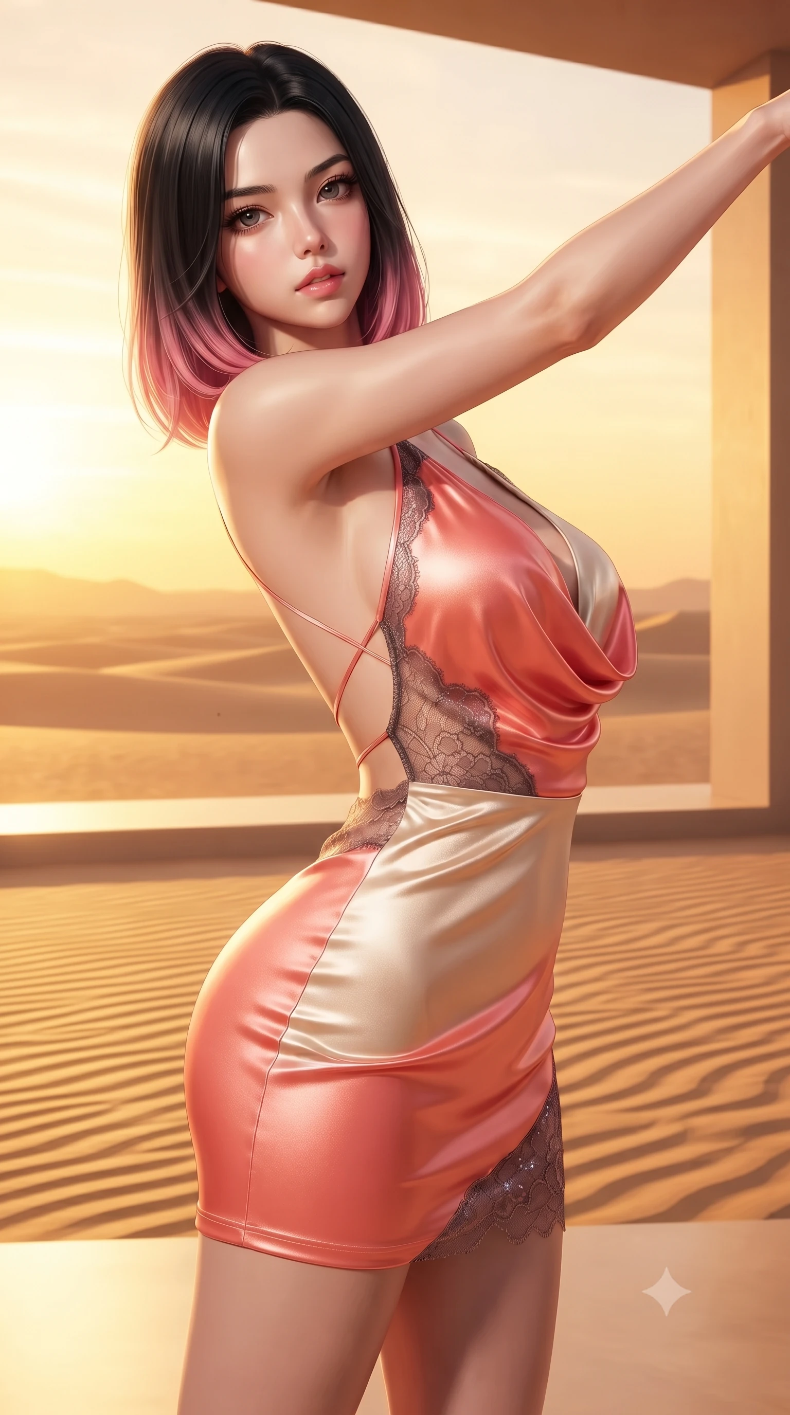 score_9, masterpiece, best quality, ultra-detailed, high-budget anime keyframe, editorial fashion photography, tasteful artistic composition, Korean woman. close-up cowboy shot from the waist and thighs up, the character dominates the composition, filling the frame with her large presence. extending one arm gracefully toward the light while her torso arches in a sleek, alluring curve with magnetic intensity while stretching her slender torso in an alluring back-arch as desert breezes swirl warm golden light around her. The surrounding environment is rendered in vivid detail and crisp panoramic clarity. crisp golden sand ripple patterns, glowing sunset sky gradients, and clean architectural lines in high clarity. She has an exceptionally elegant, slender, and willowy female figure with an ultra-slim waist, a gracefully sculpted slender torso, toned flat midriff, and a refined slim silhouette. sharp v-shaped jawline, high-bridge nose, intricate jewel-like eyes with depth, thick eyelashes, glossy lips with a natural sheen, flawlessly proportioned anatomical accuracy, strict slender model proportions, natural body alignment, perfectly sculpted long slender limbs, ultra-slim waistline, clean dynamic posture without body distortion. wearing a form-contouring liquid satin halter-neck mini dress with a deep crossover cowl front, open back, and ultra-slender waist drape in radiant coral pink and champagne ivory, crafted from delicate dark lace interwoven with luminescent micro-fibers, complemented by criss-cross back straps highlighting her completely bare spine, the form-contouring material adhering flawlessly to her sculpted flat midriff and slender torso, emphasizing her long leg lines and perfectly proportioned willowy build. illuminated by crisp golden rim highlights sharply defining her ultra-slim waist and long legs. ultra-reflective glossy finish, specular highlights, metallic sheen, high-contrast stereoscopic depth, volumetric dynamic lighting, 2k, ultra detail, master piece, 9:16 ratio