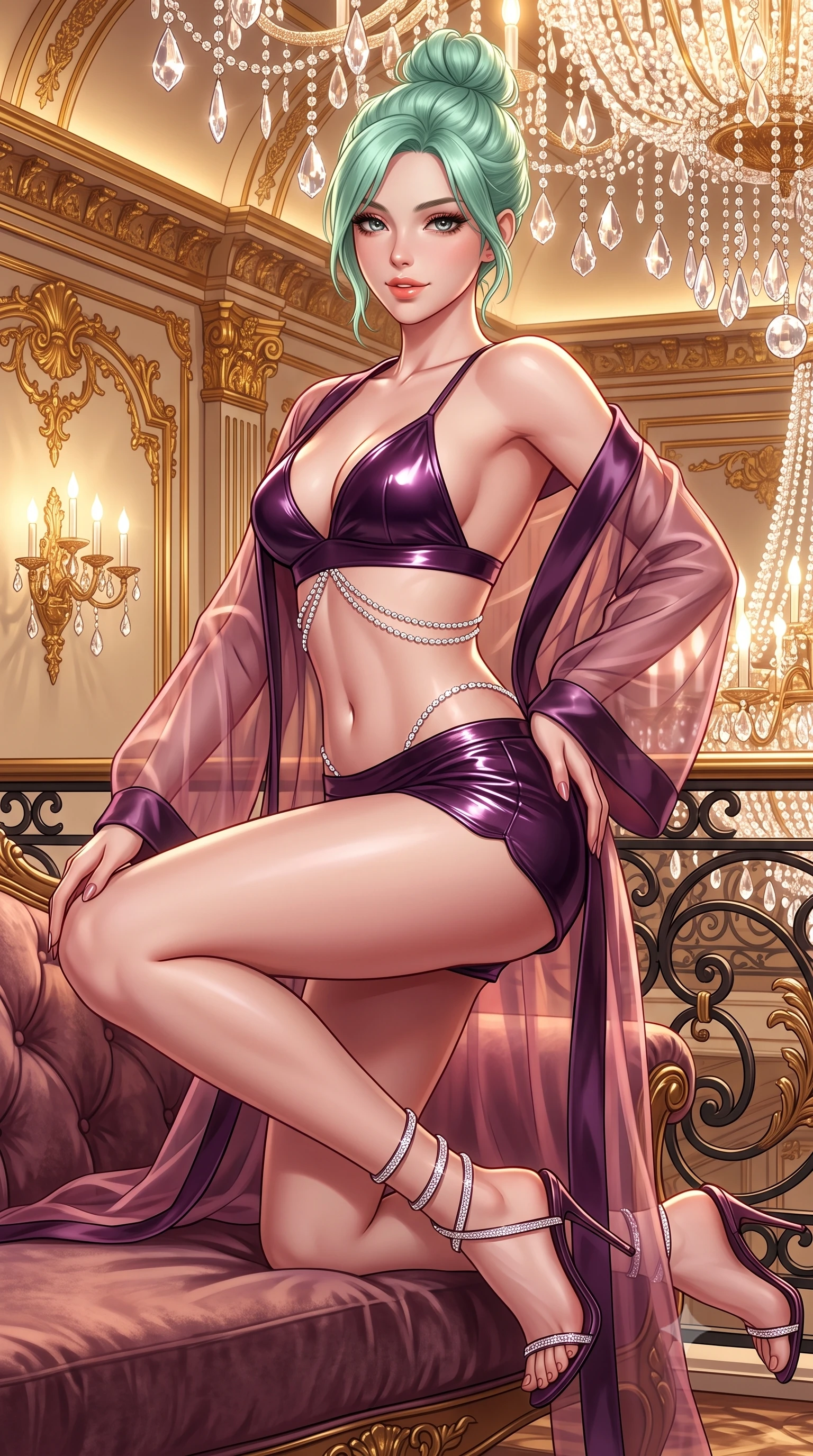 score_9, masterpiece, best quality, ultra-detailed, high-budget anime keyframe, semi-realistic 3D game render, editorial fashion photography, tasteful artistic composition, Japanese woman. close-up cowboy shot from the waist and thighs up, the character dominates the composition, filling the frame with her large presence. perched sideways on the lounge seat, one knee drawn up to showcase her slender leg line while her arched back accentuates her feminine hip curve while twisting her slender torso in an alluring S-curve, dazzling multi-tiered chandelier lights tracing her flat midriff, narrow waist, and curvy hips. The surrounding environment is rendered in vivid detail and crisp panoramic clarity: sharp 24-karat gold leaf carvings on moldings, faceted crystal chandelier drops, and wrought-iron scrollwork in deep focus. She has an exceptionally elegant, slender, and willowy female figure with an ultra-slim waist, flat toned midriff, narrow ribcage, and sculpted feminine hips creating an alluring, slim hourglass silhouette without bulk. sharp v-shaped jawline, high-bridge nose, sparkling eyes with hypnotic seductive depth, thick curled eyelashes, glossy parted lips with a natural dewy peach sheen, alluring bedroom-eyes with an enchanting coquettish smile, exuding magnetic siren charisma and sophisticated glamour, flawlessly proportioned anatomical accuracy, strict slender model proportions, natural body alignment, perfectly sculpted long slender limbs, ultra-slim waistline, clean dynamic posture without body distortion. wearing a sheer silk organza modern kimono robe worn loose and slipping off bare shoulders over a matching satin bralette and micro-shorts in deep plum violet and rose gold, crafted from wet-look high-gloss vinyl fabric with dazzling specular surface reflections, complemented by strappy stiletto sandals with crystal ankle wraps accentuating her slender calves, the form-contouring silhouette accentuating her sculpted flat midriff, narrow delicate ribcage, and gracefully curvy hips with intoxicating allure. bathed in the dazzling multi-directional brilliance of thousands of crystal chandelier prisms combined with warm cove uplights. highly saturated vibrant anime colors, detailed shading with soft gradients, rich glossy textures, high-contrast stereoscopic depth, volumetric dynamic lighting, master piece, 9:16 ratio