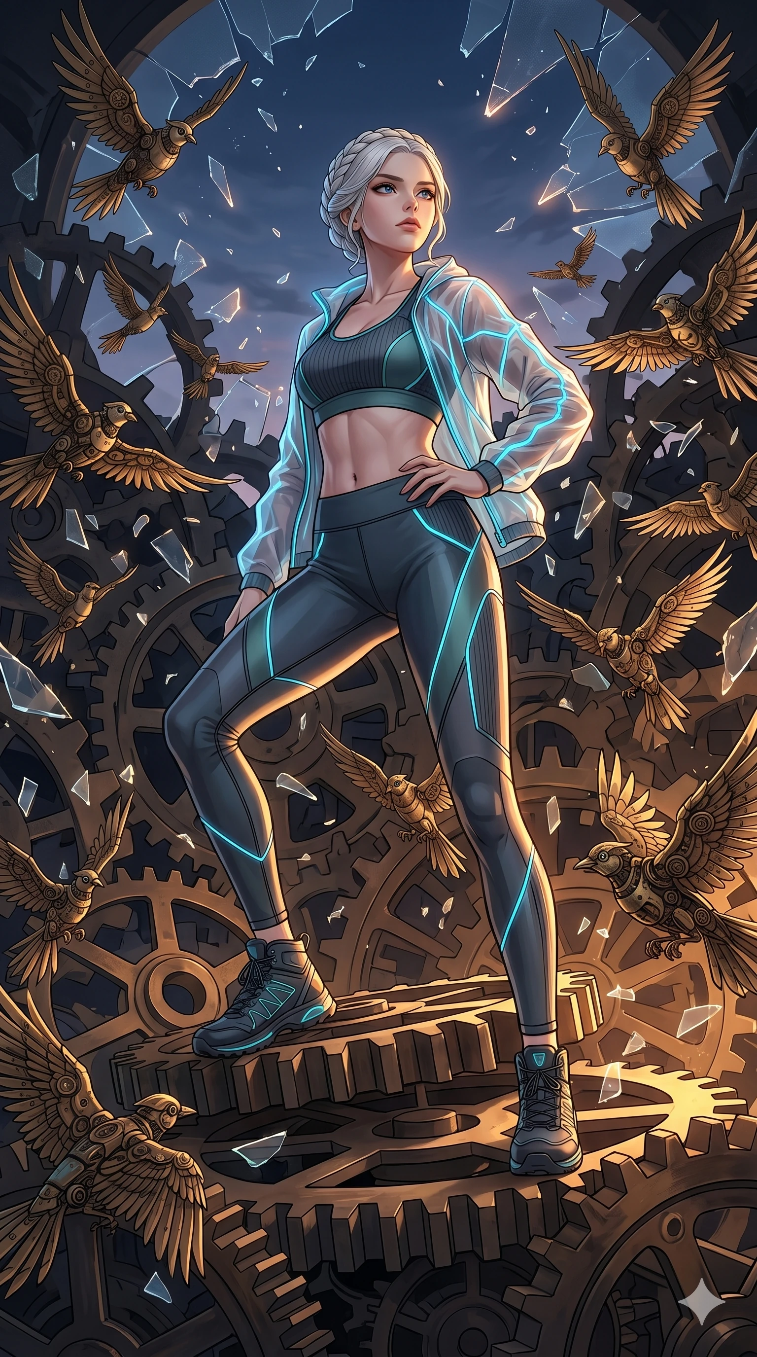 score_9, masterpiece, best quality, ultra-detailed, Set A: High-budget Anime Keyframe, Japanese woman. Low angle cowboy shot filling the entire 9:16 frame with her statuesque presence. Standing victoriously through a throne of gears, surrounded by a whirlwind of 192 mechanical birds and surrounded by shattered glass fragments. She has an absolutely perfect 8-heads proportion, an exceptionally tall and slender female figure with impossibly long slender legs and an ultra-slim waist. Sharp v-shaped jawline, high-bridge nose, intricate jewel-like eyes with depth, thick eyelashes, glossy lips with a natural sheen. Wearing Athleisure set with a ribbed sports bra, sheer windbreaker, and glowing energy seams. Cinematic lighting, vibrant colors, dramatic shadows, 2k, ultra detail, master piece, 9:16 ratio
