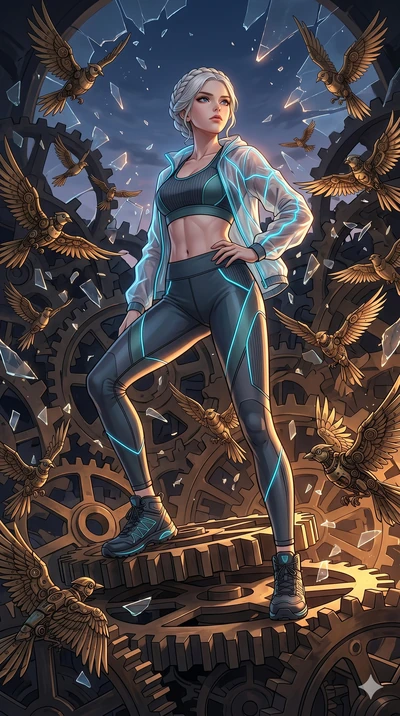 score_9, masterpiece, best quality, ultra-detailed, Set A: High-budget Anime Keyframe, Japanese woman. Low angle cowboy shot filling the entire 9:16 frame with her statuesque presence. Standing victoriously through a throne of gears, surrounded by a 