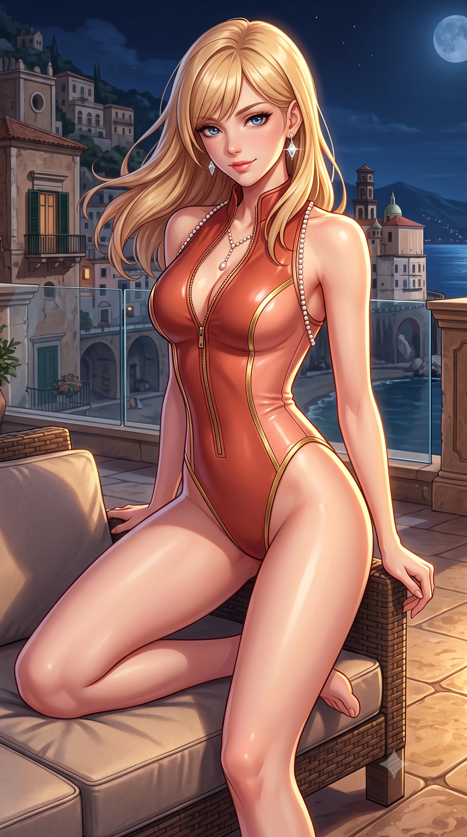 score_9, masterpiece, best quality, ultra-detailed, high-budget anime keyframe, semi-realistic 3D game render, editorial fashion photography, tasteful artistic composition, Caucasian woman. close-up cowboy shot from the waist and thighs up, the character dominates the composition, filling the frame with her large presence. perched sideways on the lounge seat, one knee drawn up to showcase her slender leg line while her arched back accentuates her feminine hip curve while twisting her slender torso in an alluring S-curve, midnight coastal breezes fluttering her dress around her flat midriff and feminine hips. The surrounding environment is rendered in vivid detail and crisp panoramic clarity: detailed backless halterneck column gown drape, diamond earrings sparkle, and UNESCO heritage architecture in high resolution. She has an exceptionally elegant, slender, and willowy female figure with an ultra-slim waist, flat toned midriff, narrow ribcage, and sculpted feminine hips creating an alluring, slim hourglass silhouette without bulk. sharp v-shaped jawline, high-bridge nose, sparkling eyes with hypnotic seductive depth, thick curled eyelashes, glossy parted lips with a natural dewy peach sheen, alluring bedroom-eyes with an enchanting coquettish smile, exuding magnetic siren charisma and sophisticated glamour, flawlessly proportioned anatomical accuracy, strict slender model proportions, natural body alignment, perfectly sculpted long slender limbs, ultra-slim waistline, clean dynamic posture without body distortion. wearing a form-contouring wet-look neoprene zip-front maillot with high-cut leg openings and gold racing side trims in Positano terracotta and blush peach, tailored from fine structural neoprene with crisp architectural edges and smooth contouring, accented with a pearl-drop body harness subtly framing her dewy collarbones and spine, the glove-like clinging cut tightly following the natural contour of her hips and long slender legs with youthful 8.5-heads elegance. illuminated by stone terrace reflection bounce and sharp warm-gold rim lights sculpting her razor-sharp jawline, narrow waist, and curvy hips. highly saturated vibrant anime colors, detailed shading with soft gradients, rich glossy textures, high-contrast stereoscopic depth, volumetric dynamic lighting, master piece, 9:16 ratio
