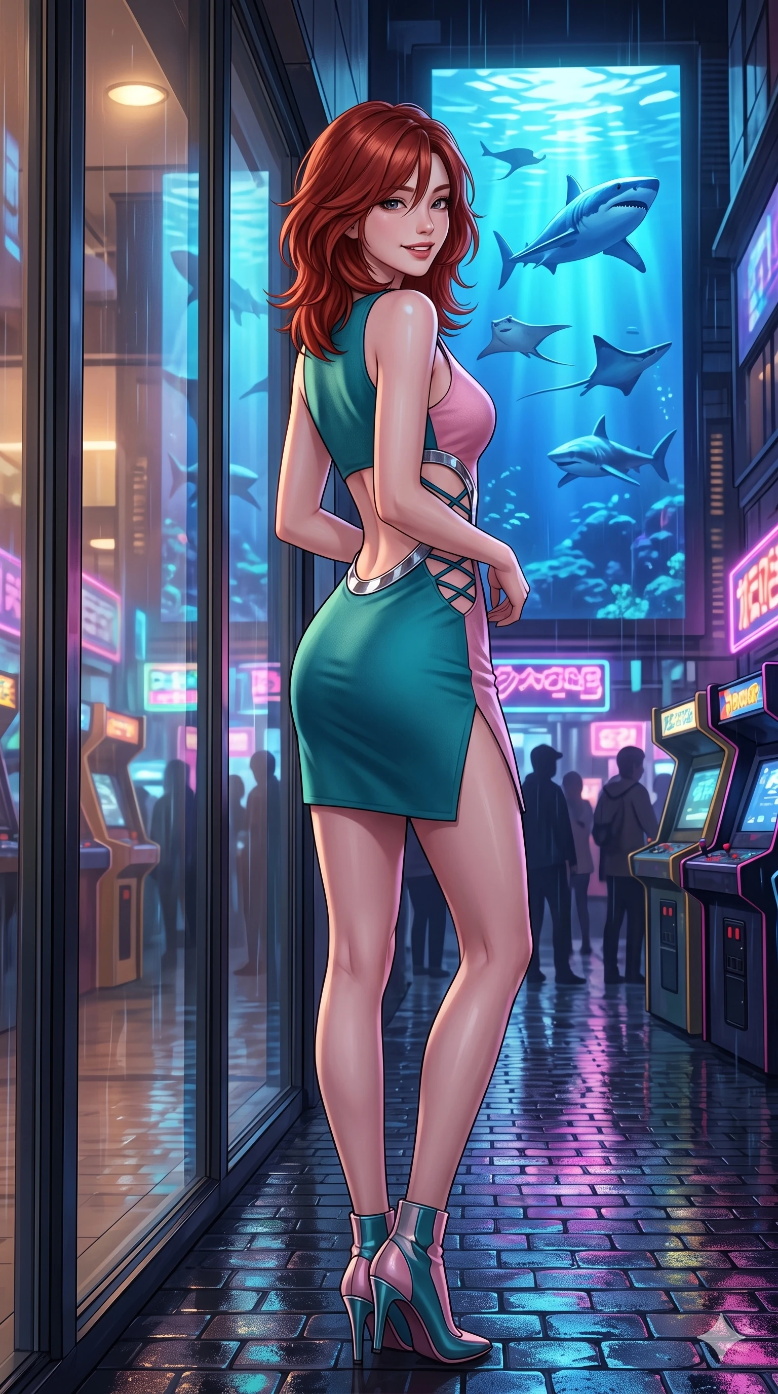 score_9, masterpiece, best quality, ultra-detailed, high-budget anime keyframe, editorial fashion photography, tasteful artistic composition, Korean woman. low angle full-body shot from head to toe showing her feet, filling the entire 9:16 vertical frame with her statuesque presence, stretching her vertical silhouette. posing in a classic haute-couture S-curve stance beside the floor-to-ceiling window, looking over a bare shoulder with magnetic presence while standing poised in the crowded cyber-arcade alley beneath a giant virtual aquarium billboard projecting swimming sharks and manta rays, arching her spine with seductive charisma. The surrounding environment is rendered in vivid detail and crisp panoramic clarity: sharp wet cobblestone textures, holographic shark fin refraction ripples, and glossy arcade cabinet bezels in deep focus. She has an exceptionally tall and slender model-like 8.5-heads proportion, an ultra-slim waist, a flat toned midriff, narrow delicate ribcage, and beautifully sculpted feminine hips creating a graceful, slim hourglass silhouette without any bulky heaviness, with impossibly long slender legs. sharp v-shaped jawline, high-bridge nose, intricate jewel-like sparkling eyes with depth, thick eyelashes, glossy parted lips with a natural peach sheen, bright cheerful beaming smile with an enchanting and coquettish sensual glint, exuding both youthful cute charm and seductive allure, flawlessly proportioned anatomical accuracy, strict slender model proportions, natural body alignment, perfectly sculpted long slender limbs, ultra-slim waistline, clean dynamic posture without body distortion. wearing a provocative open-waist cutout mini dress framed by sculptural chrome hardware and thigh-high slit in subterranean lagoon turquoise and lotus blossom pink, crafted from bespoke double-faced cashmere with an exceptionally soft tactile finish, featuring fine criss-cross lace-up side ties revealing tantalizing glimpses of her hip curve, the liquid-tight tailored fabric clinging flawlessly to her narrow waist and rounded feminine hips, emphasizing every millimeter of her sculpted slim hourglass curves without any bulky heaviness. bathed in the glowing azure and indigo illumination of the monumental virtual aquarium billboard. ultra-reflective glossy finish, specular highlights, rich textural contrasts, high-contrast stereoscopic depth, volumetric dynamic lighting, 2k, ultra detail, master piece, 9:16 ratio