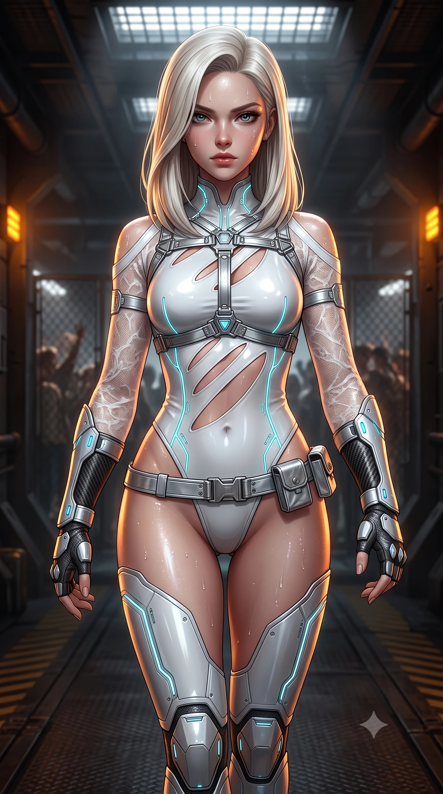 score_9, masterpiece, best quality, ultra-detailed, high-budget anime keyframe, semi-realistic 3D game render, editorial fashion photography, tasteful artistic composition, Caucasian woman. close-up cowboy shot from the waist and thighs up, the character dominates the composition, filling the frame with her large presence. gazing directly into the lens with bedroom eyes and a breathtaking, dangerous allure that commands the entire composition while striding through an underground steel corridor as amber warning lights illuminate glistening perspiration. The composition keeps background elements in soft focus with creamy bokeh. distant cage meshes and roaring underground crowds softened by shallow atmospheric focus. She has an exceptionally elegant, slender, and willowy female figure with an ultra-slim waist, a gracefully sculpted slender torso, and a refined silhouette. sharp v-shaped jawline, high-bridge nose, intricate jewel-like eyes with depth, thick eyelashes, glossy lips with a natural sheen, flawlessly proportioned anatomical accuracy, natural body alignment, perfectly sculpted elegant limbs, clean dynamic posture without body distortion. wearing an ultra-sleek high-cut tech-bodysuit featuring dangerous diagonal slitted cutouts on the midriff and shoulders, reinforced by a metallic silver harness and sheer mesh sleeves in pure snow white latex and glowing cyan circuit seams, crafted from delicate dark lace interwoven with luminescent micro-fibers, reinforced by a sleek metallic chrome harness and delicate glowing micro-straps, the glove-like fit tightly following every curve of her statuesque athletic build. surrounded by a fierce, electrifying, and dangerously provocative sensual combat aura. highly saturated vibrant anime colors, detailed shading with soft gradients, rich glossy textures, high-contrast stereoscopic depth, volumetric dynamic lighting, master piece, 9:16 ratio