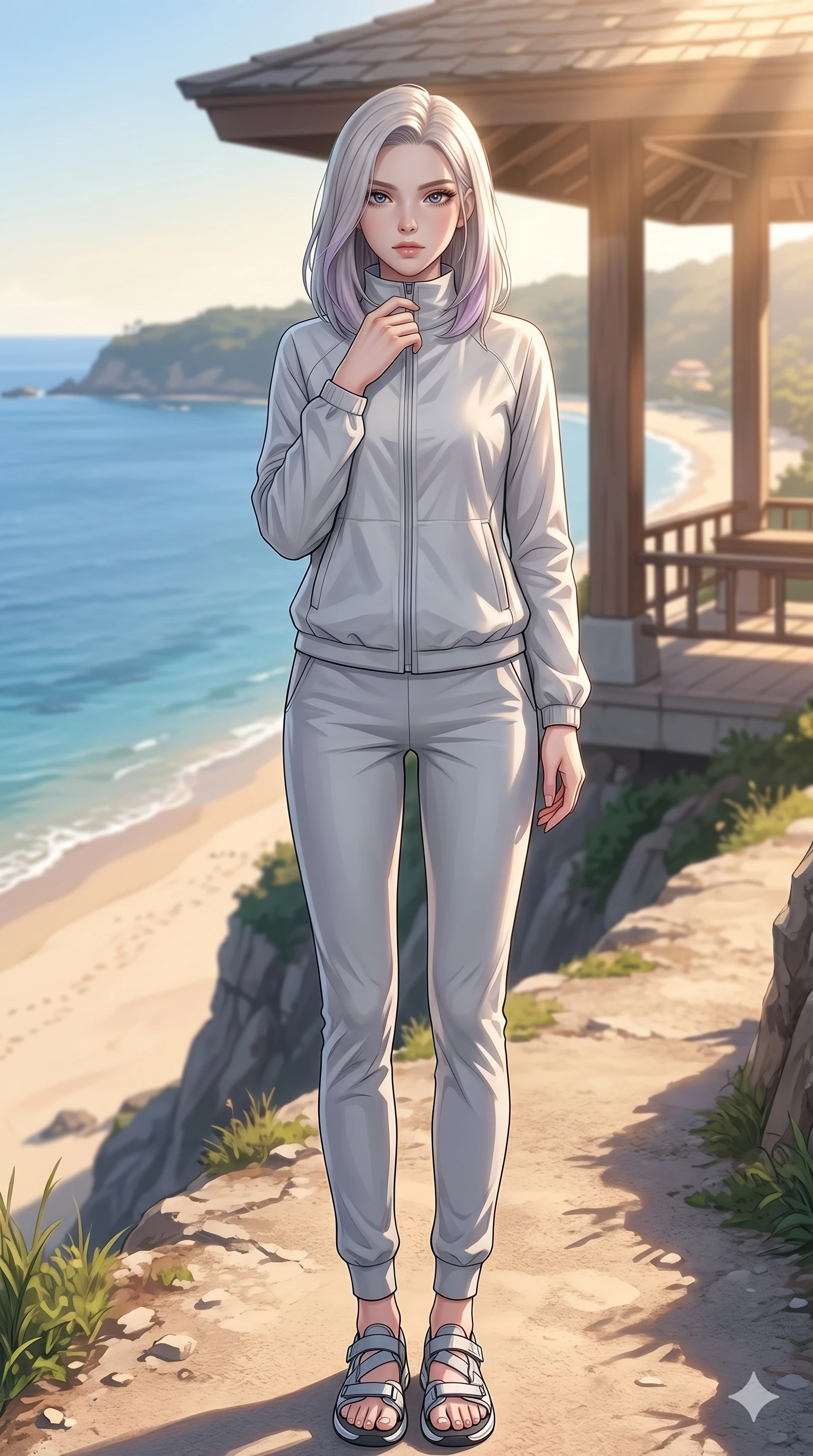 score_9, masterpiece, best quality, ultra-detailed, high-budget anime keyframe, editorial fashion photography, tasteful artistic composition, Caucasian woman, strictly human ears. low angle full-body shot from head to toe showing her feet, filling the entire 9:16 vertical frame with her statuesque presence, stretching her vertical silhouette. gazing directly into the camera with quiet intensity, one hand gently tracing her collarbone line on a cliffside path overlooking a sandy beach and a wide blue bay (Code-P19-030). She has an absolutely perfect 8-heads proportion, an exceptionally tall and slender female figure with impossibly long slender legs and an ultra-slim waist. V-shaped jawline, high-bridge nose, intricate jewel-like eyes with depth, thick eyelashes, glossy lips with a natural sheen. wearing a high-collar structured windbreaker jacket with matching activewear long track pants. drenched in warm morning sunshine filtering through the resort pavilion, tracing her bare shoulders. 2k, ultra detail, master piece, 9:16 ratio