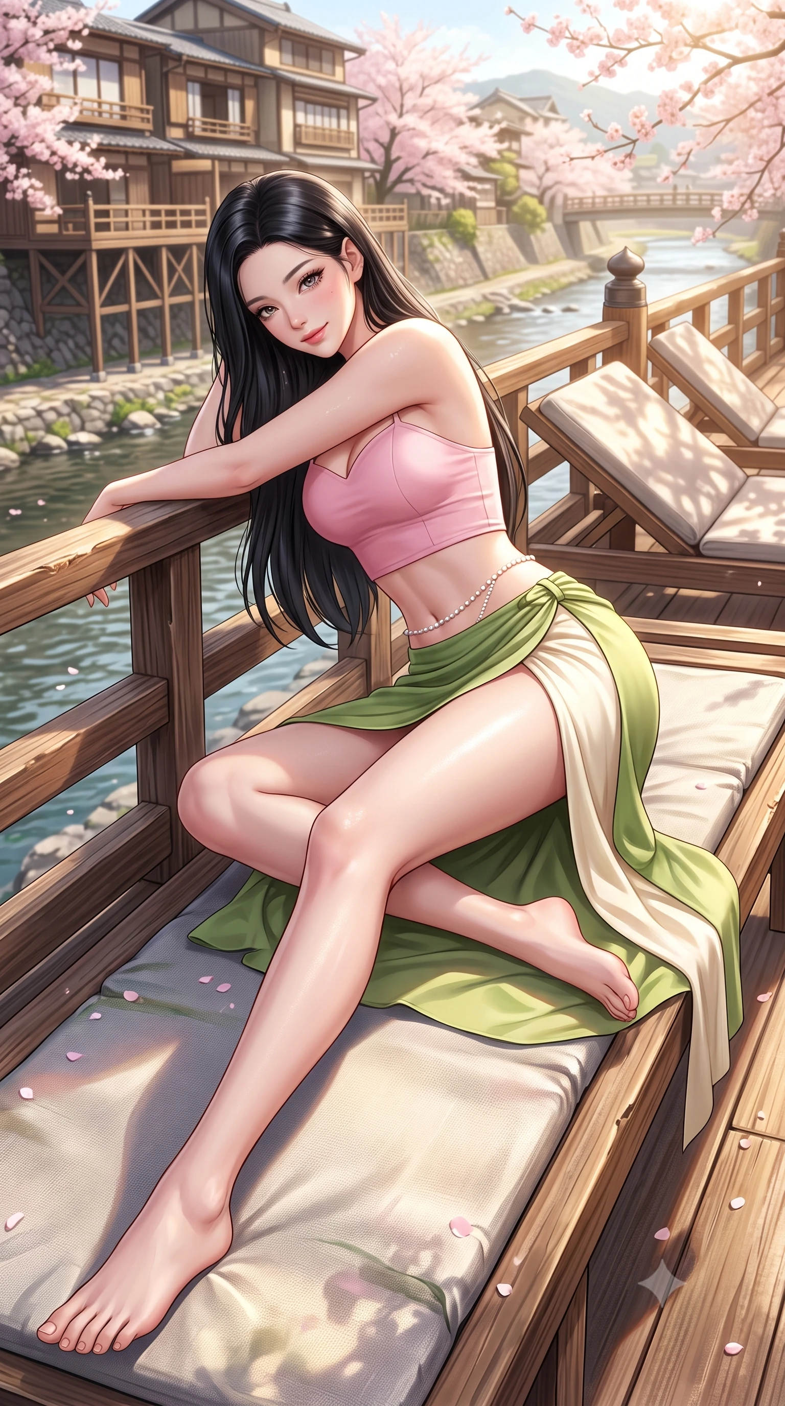 score_9, masterpiece, best quality, ultra-detailed, high-budget anime keyframe, semi-realistic 3D game render, editorial fashion photography, tasteful artistic composition, Korean woman. low angle full-body shot from head to toe showing her feet, filling the entire 9:16 vertical frame with her statuesque presence, stretching her vertical silhouette. reclining languidly on her side across the sunbed with one knee drawn up, her radiant smile and arched hip curve commanding the 9:16 vertical frame with youthful sensual charisma while leaning against the cedarwood railing with hips cocked back, looking over a bare shoulder with an enchanting, shy yet alluring smile. The surrounding environment is rendered in vivid detail and crisp panoramic clarity. detailed silk dress drape, soft sun glints on skin, and Kyoto riverbank architecture in high resolution. She has an exceptionally tall and slender model-like 8.5-heads proportion, an ultra-slim waist, a flat toned midriff, narrow delicate ribcage, and beautifully sculpted feminine hips creating a graceful, slim hourglass silhouette without any bulky heaviness, with impossibly long slender legs. sharp v-shaped jawline, high-bridge nose, intricate jewel-like sparkling eyes with depth, thick eyelashes, glossy parted lips with a natural peach sheen, bright cheerful beaming smile with an enchanting and coquettish sensual glint, exuding both youthful cute charm and seductive allure, flawlessly proportioned anatomical accuracy, strict slender model proportions, natural body alignment, perfectly sculpted long slender limbs, ultra-slim waistline, clean dynamic posture without body distortion. wearing a sweetheart-neckline baby-pink crop top with a high-slit wrap mini skirt accentuating her waist-to-hip curve in matcha green and warm ivory, crafted from liquid-tight stretch jersey emphasizing every curve, accented with a dainty pearl waist chain catching the ambient sunlight, the glove-like silhouette tightly following the natural contour of her hips and long slender legs with youthful 8.5-heads elegance. bathed in bright morning sunbeams and warm golden sakura backlighting. highly saturated vibrant anime colors, detailed shading with soft gradients, rich glossy textures, high-contrast stereoscopic depth, volumetric dynamic lighting, master piece, 9:16 ratio