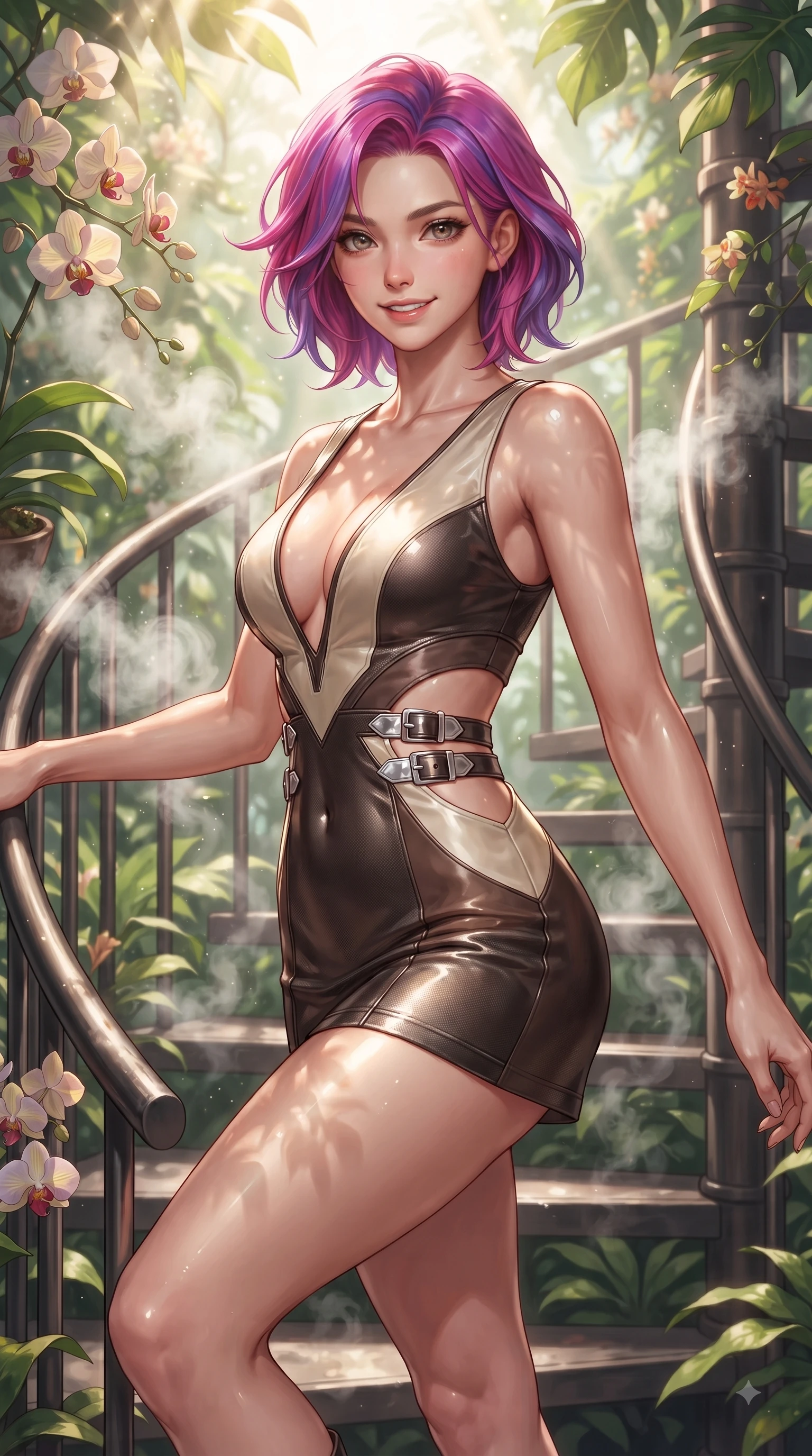 score_9, masterpiece, best quality, ultra-detailed, high-budget anime keyframe, editorial fashion photography, tasteful artistic composition, Caucasian woman. close-up cowboy shot from the waist and thighs up, the character dominates the composition, filling the frame with her large presence, background elements kept in soft focus. Gazing directly into the camera with a fresh, infectious smile as her torso curves dynamically in mid-stride while ascending a spiral iron staircase enveloped by sunlit tropical foliage and exotic orchids, swirling steam clouds from misting fountains adding a magical tropical humidity. She has an exceptionally elegant, slender, and willowy female figure with an ultra-slim waist, a gracefully sculpted slender torso, and a refined silhouette. sharp v-shaped jawline, high-bridge nose, intricate jewel-like eyes with depth, thick eyelashes, glossy lips with a natural sheen, flawlessly proportioned anatomical accuracy, natural body alignment, perfectly sculpted elegant limbs, clean dynamic posture without body distortion. wearing a liquid mercury gloss mini dress with ultra-deep V-neck and waist cutouts in espresso brown and warm cream, made of fine carbon-fiber weave and soft matte leather, detailed with polished silver buckles along the waistline, the elegant draped fit framing her graceful clavicle and slender torso. illuminated by clear sunbeams casting organic leaf stencil shadows across her skin. ultra-reflective glossy finish, specular highlights, metallic sheen, high-contrast stereoscopic depth, volumetric dynamic lighting, 2k, ultra detail, master piece, 9:16 ratio