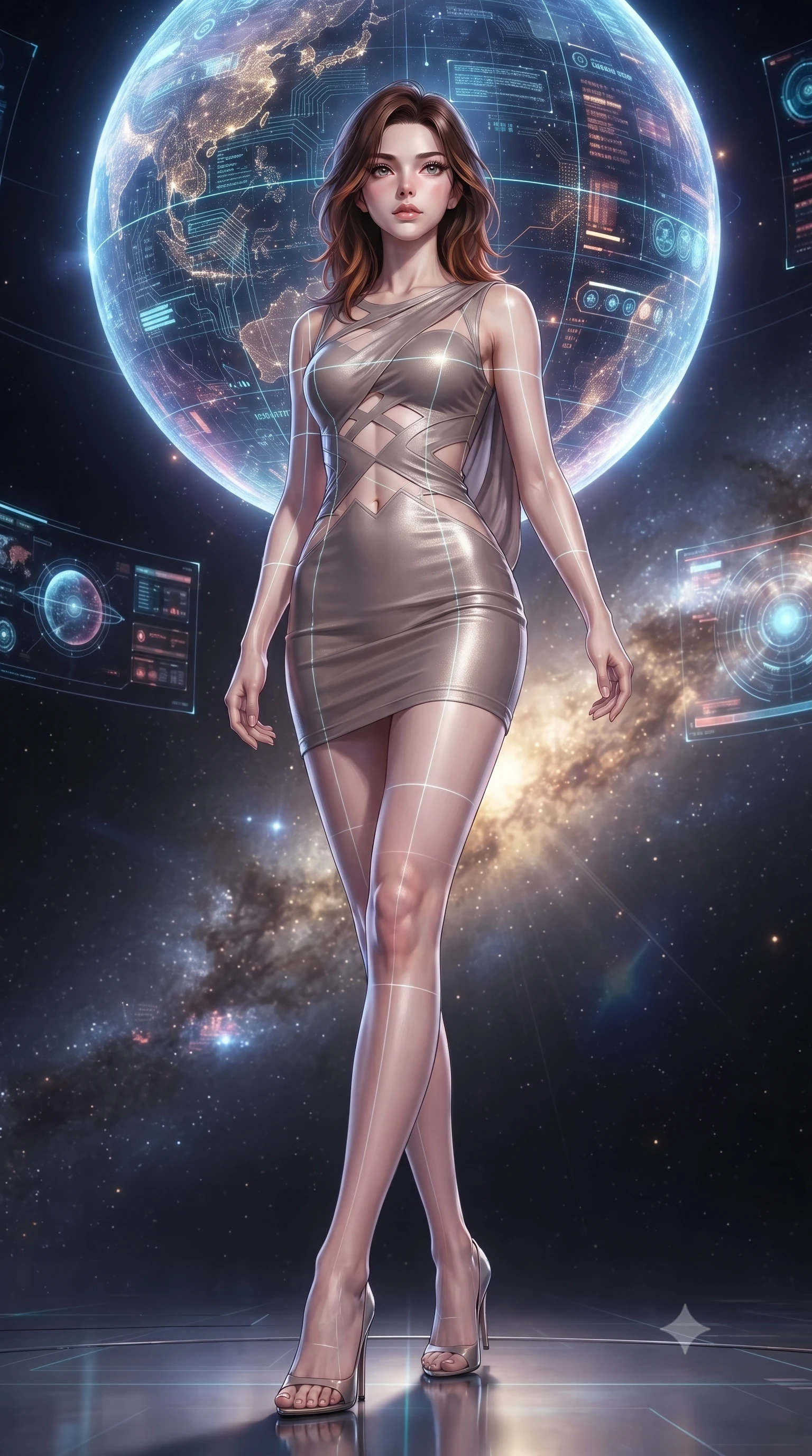 score_9, masterpiece, best quality, ultra-detailed, high-budget anime keyframe, editorial fashion photography, tasteful artistic composition, Korean woman. low angle full-body shot from head to toe showing her feet, filling the entire 9:16 vertical frame with her statuesque presence, stretching her vertical silhouette. forging dynamically through the scene, her vertical silhouette beautifully stretched interacting with a giant glowing holographic globe of a cybernetic planet, laser lines casting precise geometric grid highlights on her athletic form. She has an absolutely perfect, statuesque 8.5-heads proportion, an exceptionally tall and slender model-like female figure with impossibly long slender legs and an ultra-slim waist. sharp v-shaped jawline, high-bridge nose, intricate jewel-like eyes with depth, thick eyelashes, glossy lips with a natural sheen. wearing a precision-fitted liquid jersey bodycon dress with a draped back in muted taupe and soft ivory, woven from fine semi-opaque sheer organza, featuring subtle geometric cutouts that highlight her ultra-slim midriff, the sleek second-skin texture accentuating her magnetic presence. illuminated by radiant cosmic nebula light and glowing holographic displays. ultra-reflective glossy finish, specular highlights, metallic sheen, high-contrast stereoscopic depth, volumetric dynamic lighting, 2k, ultra detail, master piece, 9:16 ratio