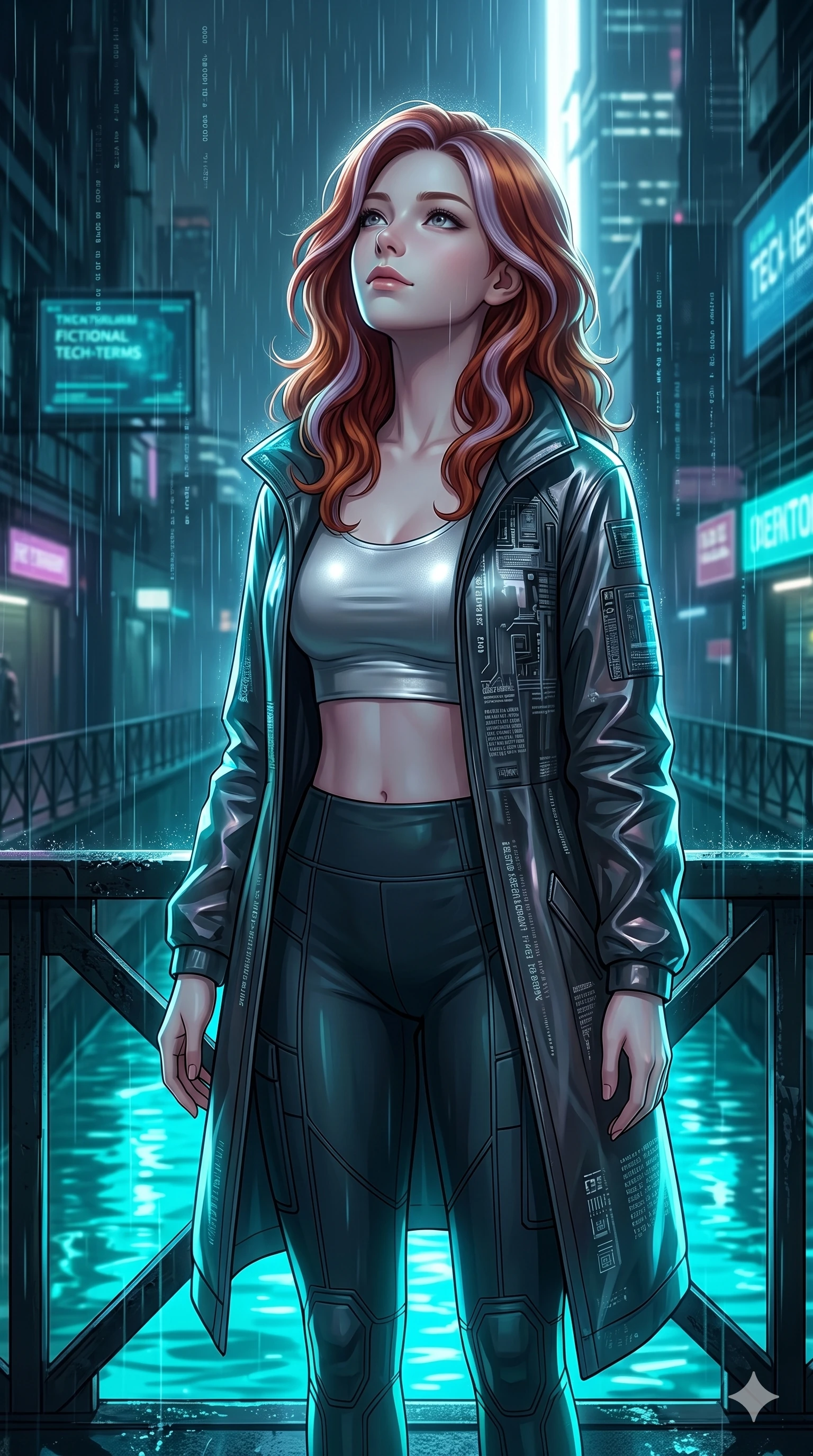 score_9, masterpiece, best quality, ultra-detailed, high-budget anime keyframe, Caucasian woman, strictly human ears. Upper body close-up from the thighs up, character filling the screen for maximum presence. Standing on a metal bridge crossing a neon canal, looking up at the falling cyber-rain with a peaceful, serene expression. She is wearing a water-resistant tech-coat worn open over a silver crop top and utility leggings. The scene is illuminated by the neon turquoise water reflections and a sharp white rim light. 2k, ultra detail, master piece, 9:16 ratio