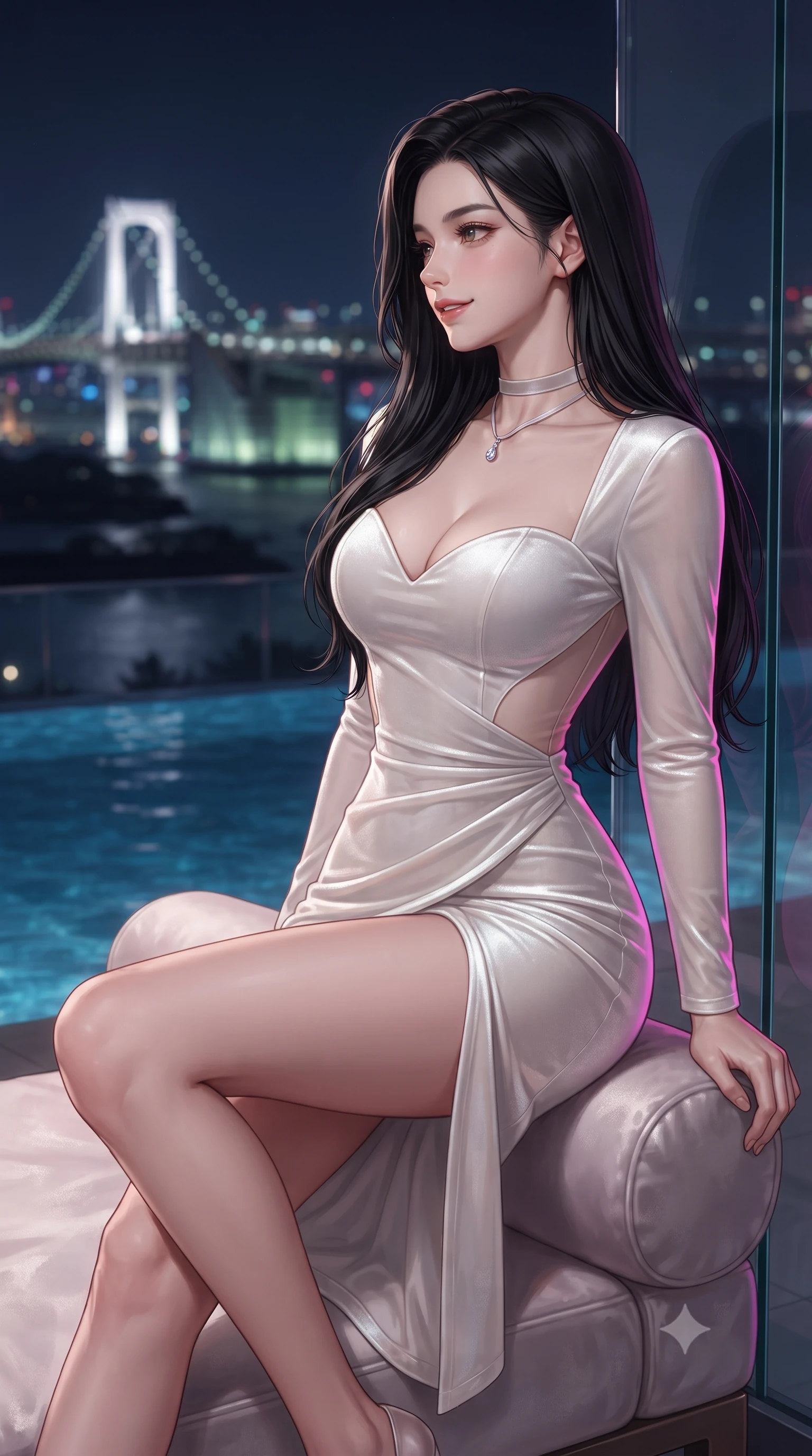 score_9, masterpiece, best quality, ultra-detailed, high-budget anime keyframe, editorial fashion photography, tasteful artistic composition, Korean woman. close-up cowboy shot from the waist and thighs up, the character dominates the composition, filling the frame with her large presence. perched sideways on the lounge seat, one knee drawn up to showcase her slender leg line while her arched back accentuates her feminine hip curve while leaning against the frameless glass edge with hips cocked back, looking out toward the illuminated Rainbow Bridge with an intoxicating bedroom-gaze. The background shows a soft-focus infinity pool perimeter overflow softened in glamorous nocturnal bay shallow focus. She has an exceptionally elegant, slender, and willowy female figure with an ultra-slim waist, flat toned midriff, narrow ribcage, and sculpted feminine hips creating an alluring, slim hourglass silhouette without bulk. sharp v-shaped jawline, high-bridge nose, sparkling eyes with hypnotic seductive depth, thick curled eyelashes, glossy parted lips with a natural dewy peach sheen, alluring bedroom-eyes with an enchanting coquettish smile, exuding magnetic siren charisma and sophisticated glamour, flawlessly proportioned anatomical accuracy, strict slender model proportions, natural body alignment, perfectly sculpted long slender limbs, ultra-slim waistline, clean dynamic posture without body distortion. wearing a deep sweetheart-neckline velvet bodycon dress with sheer side-torso cutouts accentuating her hourglass curves in pure pearl alabaster with platinum sheen, tailored from ultra-plush velvet with rich tactile depth and deep shadow gradients, finished with a thin velvet ribbon choker and a single teardrop diamond pendant, the high-slit wrap tailoring accentuating her ultra-slim waistline and the enchanting curve of her feminine hips with alluring seductive charm. illuminated by bay water surface reflections and sharp magenta-cyan rim lights defining her delicate clavicles, narrow waist, and curvy hips. ultra-reflective glossy finish, specular highlights, rich textural contrasts, high-contrast stereoscopic depth, volumetric dynamic lighting, 2k, ultra detail, master piece, 9:16 ratio
