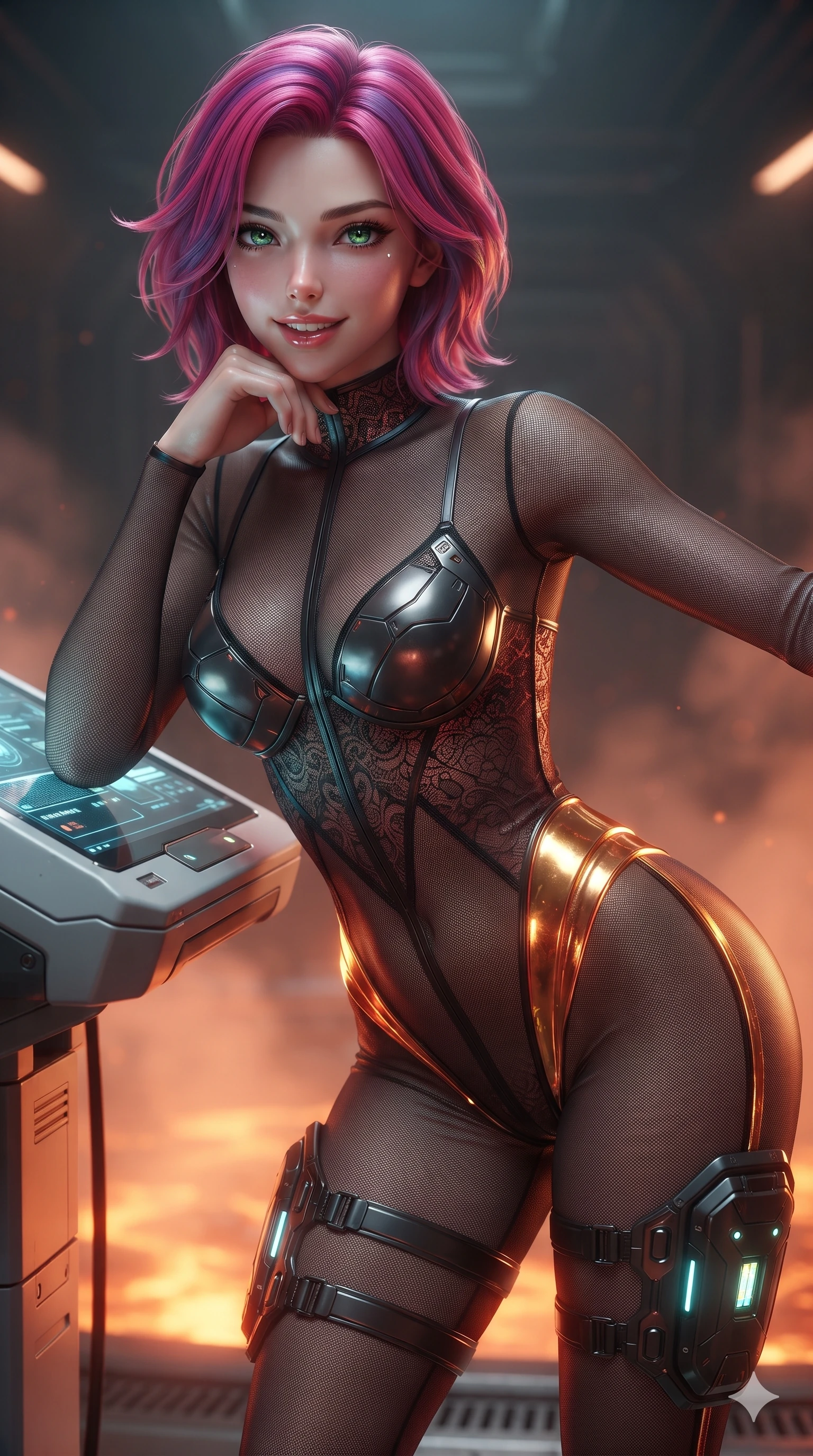 score_9, masterpiece, best quality, ultra-detailed, high-budget anime keyframe, editorial fashion photography, tasteful artistic composition, Caucasian woman. close-up cowboy shot from the waist and thighs up, the character dominates the composition, filling the frame with her large presence. resting one elbow on the diagnostic terminal and supporting her chin, leaning close to the camera with parted glossy lips and sparkling eyes while twisting her slender torso in an alluring contrapposto stance, blazing liquid plasma reflections tracing her narrow waist and curvy hips in molten gold and copper. The background shows a soft-focus molten thermal mist softened in subterranean geothermal core shallow focus. She has an exceptionally elegant, slender, and willowy female figure with an ultra-slim waist, flat toned midriff, narrow ribcage, and sculpted feminine hips creating an alluring, slim hourglass silhouette without bulk. sharp v-shaped jawline, high-bridge nose, intricate jewel-like sparkling eyes with depth, thick eyelashes, glossy parted lips with a natural sheen, bright confident smile with an enchanting and coquettish sensual glint, exuding both youthful magnetic charm and sovereign high-tech allure, flawlessly proportioned anatomical accuracy, strict slender model proportions, natural body alignment, perfectly sculpted long slender limbs, ultra-slim waistline, clean dynamic posture without body distortion. wearing a form-contouring semi-opaque dark mesh catsuit with carbon-plated cups and fine lace-pattern panels across her torso in relativistic crimson and blazing accretion gold, woven from high-density tech-wool with subtle metallic thread weave, complemented by sleek cybernetic thigh holsters with illuminated power cells, the liquid-tight tailored fabric clinging flawlessly to her narrow waist and rounded feminine hips, emphasizing every millimeter of her sculpted slim hourglass curves without any bulky heaviness. illuminated by floor warning lights and sharp copper rim lighting sculpting her razor-sharp jawline, narrow waist, and curvy hips. ultra-reflective glossy finish, specular highlights, rich textural contrasts, high-contrast stereoscopic depth, volumetric dynamic lighting, 2k, ultra detail, master piece, 9:16 ratio
