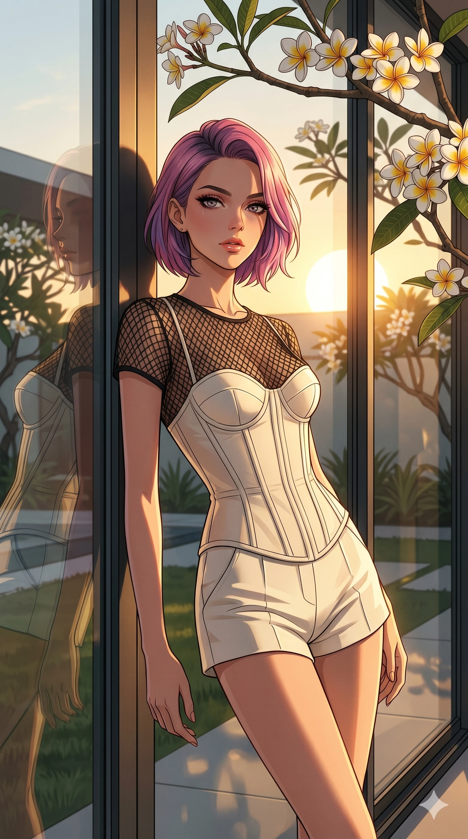 score_9, masterpiece, best quality, ultra-detailed, high-budget anime keyframe, editorial fashion photography, tasteful artistic composition, Caucasian woman, strictly human ears. cowboy shot from the thighs up, character and outfit filling the frame for maximum editorial presence. leaning against the glass window, looking directly into the lens standing under a blooming frangipani tree in a modern resort garden (Code-P19-142). She has an absolutely perfect 8-heads proportion, an exceptionally tall and slender female figure with impossibly long slender legs and an ultra-slim waist. V-shaped jawline, high-bridge nose, intricate jewel-like eyes with depth, thick eyelashes, glossy lips with a natural sheen. wearing a sheer mesh resort top paired with a structured corset and micro-shorts. dramatic chiaroscuro lighting from the setting sun, accentuating her statuesque height. 2k, ultra detail, master piece, 9:16 ratio