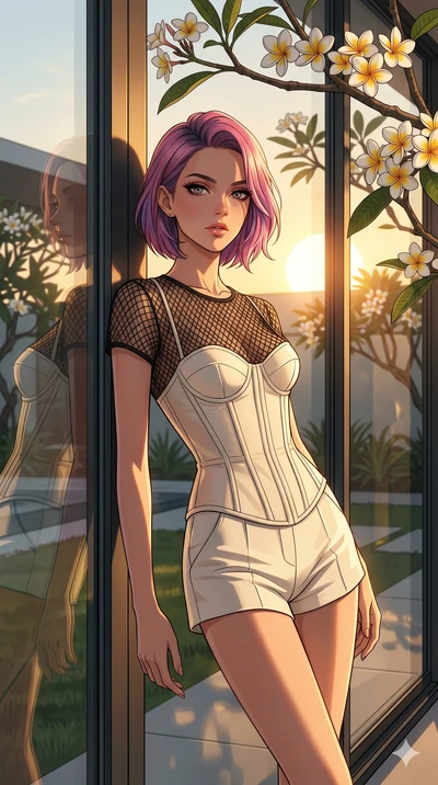 score_9, masterpiece, best quality, ultra-detailed, high-budget anime keyframe, editorial fashion photography, tasteful artistic composition, Caucasian woman, strictly human ears. cowboy shot from the thighs up, character and outfit filling the frame