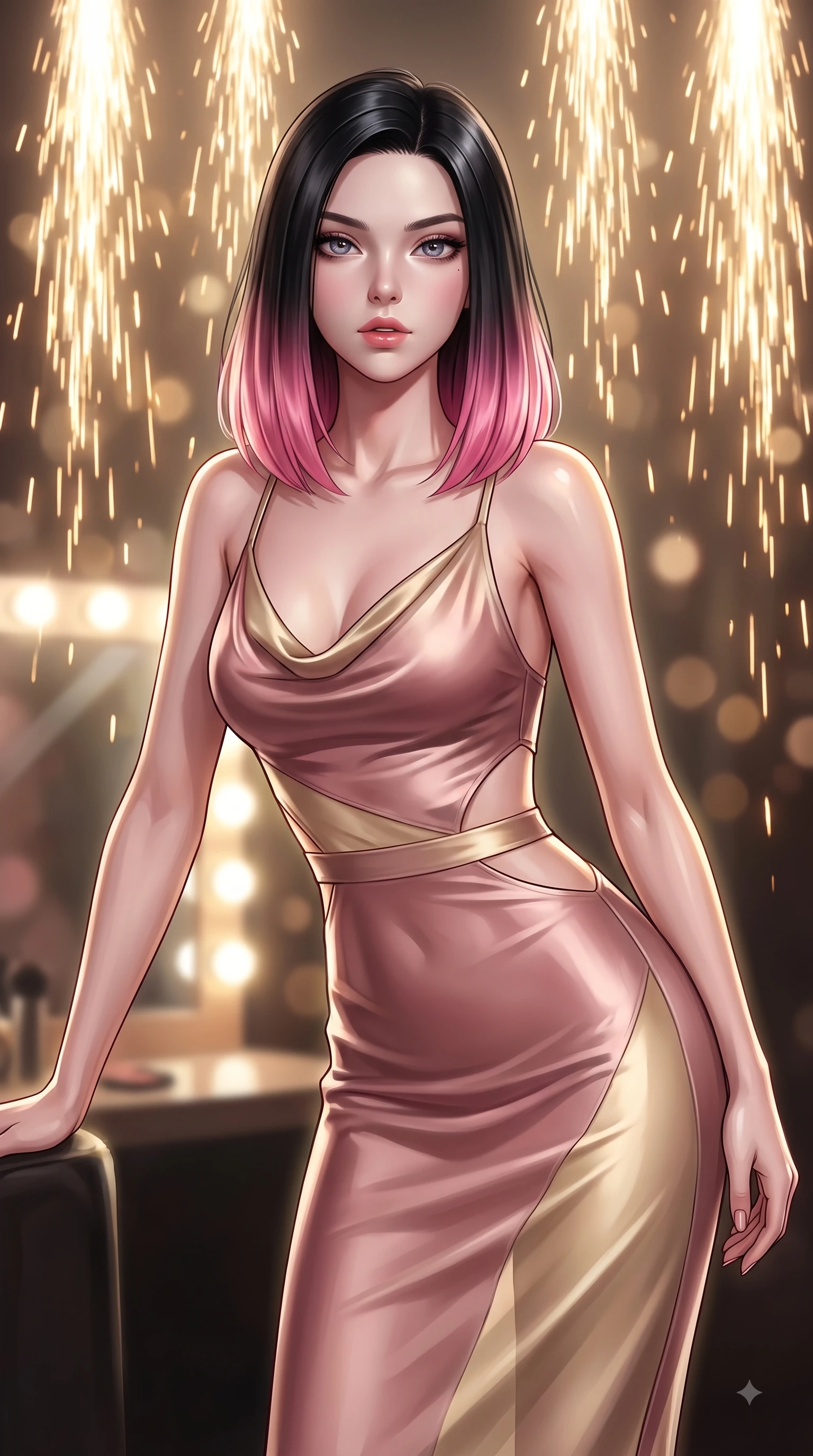 score_9, masterpiece, best quality, ultra-detailed, high-budget anime keyframe, editorial fashion photography, tasteful artistic composition, Korean woman. close-up cowboy shot from the waist and thighs up, the character dominates the composition, filling the frame with her large presence, background elements kept in soft focus. Leaning forward gracefully with lips parted, casting a smoldering magnetic gaze directly into the lens while resting near a glowing vanity mirror backstage as stage lights trace her contoured waist, golden pyrotechnic sparks falling like a waterfall behind her statuesque silhouette. She has an exceptionally elegant, slender, and willowy female figure with an ultra-slim waist, a gracefully sculpted slender torso, and a refined silhouette. sharp v-shaped jawline, high-bridge nose, intricate jewel-like eyes with depth, thick eyelashes, glossy lips with a natural sheen, flawlessly proportioned anatomical accuracy, natural body alignment, perfectly sculpted elegant limbs, clean dynamic posture without body distortion. wearing an elegant cowl-neck satin midi dress with a graceful draped neckline in dusty rose and champagne gold, woven from fine semi-opaque sheer organza, featuring subtle geometric cutouts that highlight her ultra-slim midriff, the form-contouring material highlighting her ultra-slim waist and long lines. surrounded by an electric, high-energy performer aura with sharp shadows. ultra-reflective glossy finish, specular highlights, metallic sheen, high-contrast stereoscopic depth, volumetric dynamic lighting, 2k, ultra detail, master piece, 9:16 ratio