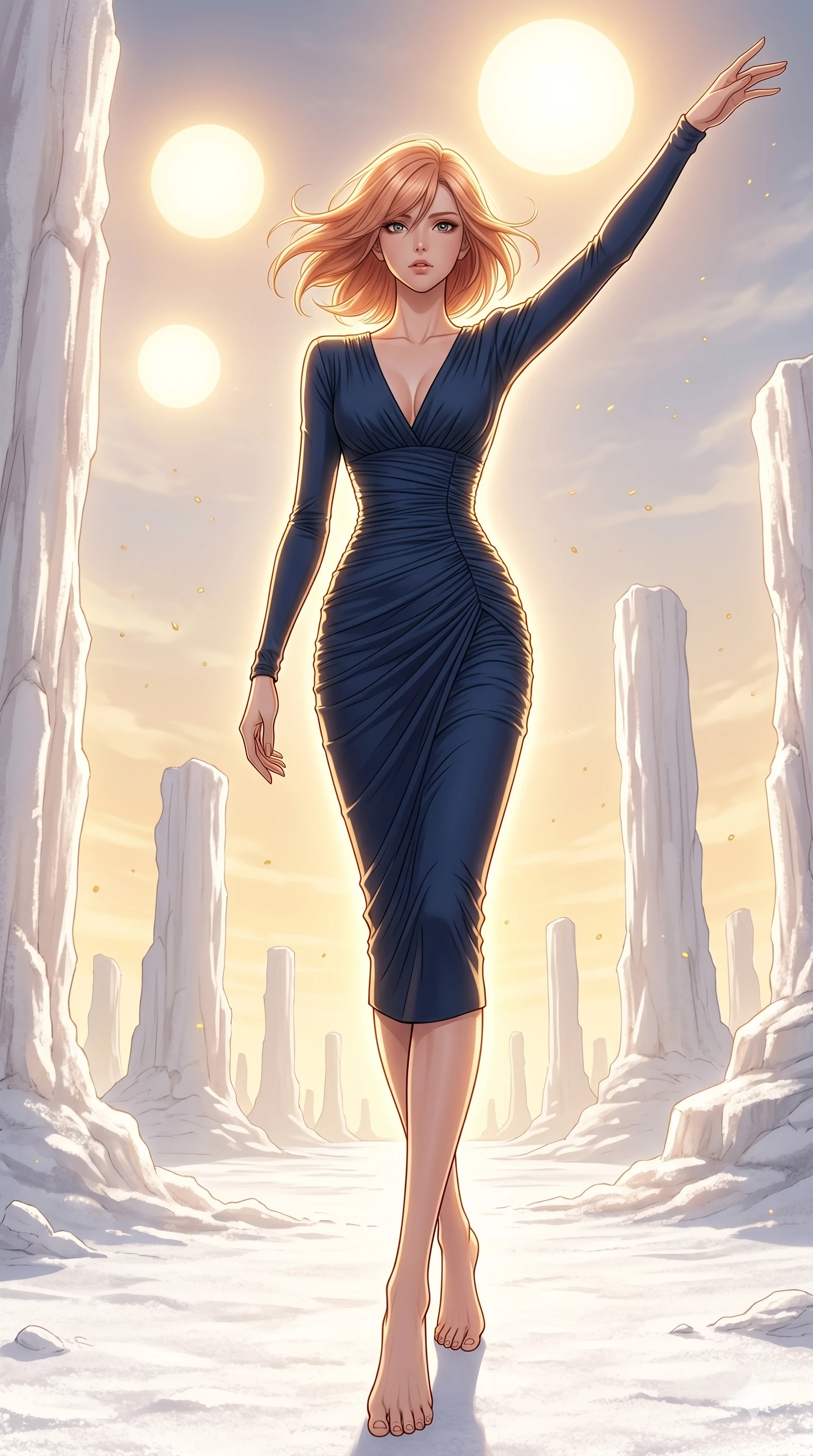 score_9, masterpiece, best quality, ultra-detailed, high-budget anime keyframe, editorial fashion photography, tasteful artistic composition, Japanese woman. low angle full-body shot from head to toe showing her feet, filling the entire 9:16 vertical frame with her statuesque presence, stretching her vertical silhouette. Gliding forward with one arm sweeping upward toward the sky amidst a surreal desert of white salt pillars under a sky filled with three giant suns. She has an absolutely perfect 8-heads proportion, an exceptionally tall and slender female figure with impossibly long slender legs and an ultra-slim waist. V-shaped jawline, high-bridge nose, intricate jewel-like eyes with depth, thick eyelashes, glossy lips with a natural sheen. wearing a deep-V neck midi dress in midnight blue matte jersey with strategic waist ruching, long slim sleeves, and a form-contouring fit that highlights her elegant proportions. under warm golden hour backlighting creating a luminous radiant halo around her silhouette. 2k, ultra detail, master piece, 9:16 ratio