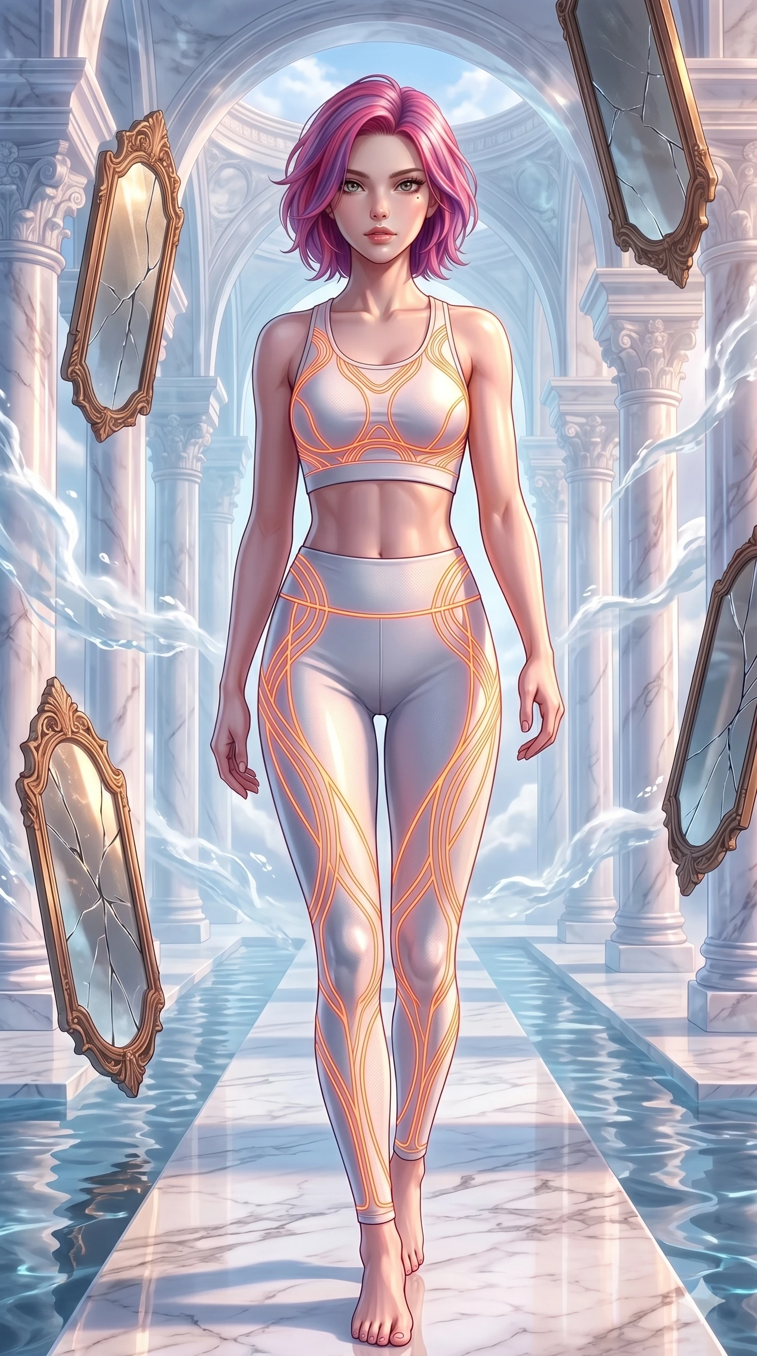 score_9, masterpiece, best quality, ultra-detailed, high-budget anime keyframe, Korean woman. upper body close-up from the thighs up, character filling the screen for maximum presence. wandering through a mirage cloud cathedral of translucent marble and water mist, surrounded by floating ancient bronze mirror walls. She has an absolutely perfect 8-heads proportion, an exceptionally tall and slender female figure with impossibly long slender legs and an ultra-slim waist. V-shaped jawline, high-bridge nose, intricate jewel-like eyes with depth, thick eyelashes, glossy lips with a natural sheen.. wearing a neon filament athleisure set, featuring a fitted white crop top and matching leggings woven with glowing orange neon filaments, highlighting her slender body contour. lit by a soft glowing ambient light and a sharp side key light that traces the sleek contours of her athletic build. 2k, ultra detail, master piece, 9:16 ratio