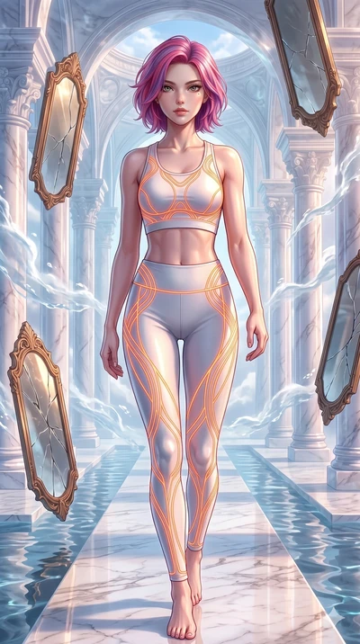 score_9, masterpiece, best quality, ultra-detailed, high-budget anime keyframe, Korean woman. upper body close-up from the thighs up, character filling the screen for maximum presence. wandering through a mirage cloud cathedral of translucent marble 