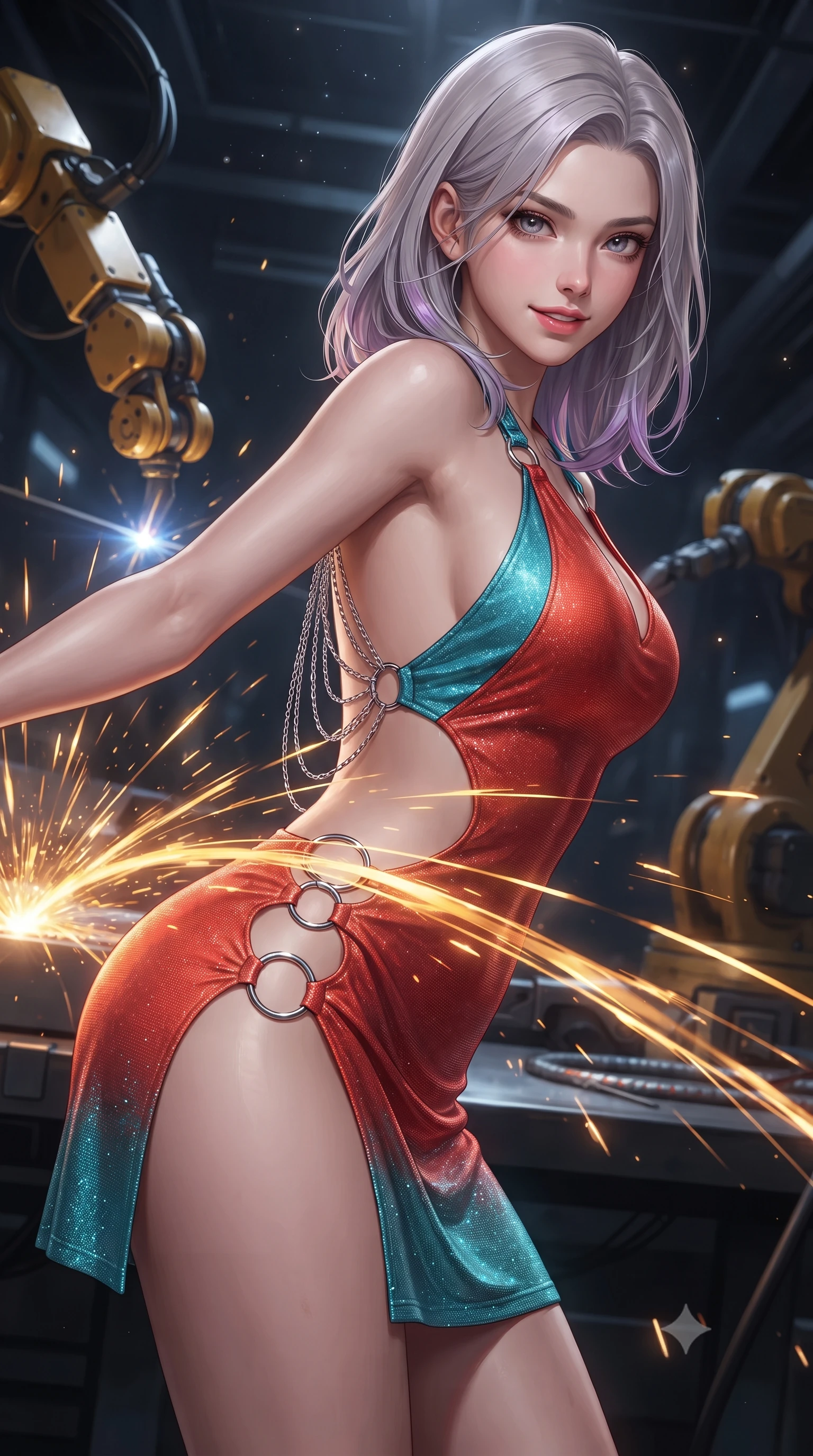 score_9, masterpiece, best quality, ultra-detailed, high-budget anime keyframe, editorial fashion photography, tasteful artistic composition, Caucasian woman. close-up cowboy shot from the waist and thighs up, the character dominates the composition, filling the frame with her large presence. leaning forward while arching her lower back to accentuate her curvy hips, looking into the camera with an intoxicating smoldering gaze and bedroom-eyes while twisting her slender torso in an alluring contrapposto stance, cascades of welding sparks painting dynamic molten gold light ribbons across her narrow waist and hips. The surrounding environment is rendered in vivid detail and crisp panoramic clarity: sharp ablative armor plate seams, hydraulic robotic arm joints, and crisp glowing weld beads in deep focus. She has an exceptionally elegant, slender, and willowy female figure with an ultra-slim waist, flat toned midriff, narrow ribcage, and sculpted feminine hips creating an alluring, slim hourglass silhouette without bulk. sharp v-shaped jawline, high-bridge nose, intricate jewel-like sparkling eyes with depth, thick eyelashes, glossy parted lips with a natural peach sheen, bright cheerful beaming smile with an enchanting and coquettish sensual glint, exuding both youthful cute charm and seductive allure, flawlessly proportioned anatomical accuracy, strict slender model proportions, natural body alignment, perfectly sculpted long slender limbs, ultra-slim waistline, clean dynamic posture without body distortion. wearing a provocative open-waist combat cutout mini dress framed by polished chrome ring hardware and thigh-high slit in cyber-shinto vermilion and laser turquoise, woven from stretch metallic lurex jersey casting radiant starlight glints across her curves, accented with an open-back drape framed by falling strands of delicate chrome chains, the glove-like clinging cut tightly following the natural contour of her hips and long slender legs with youthful 8.5-heads elegance. bathed in high-contrast golden welding arcs contrasted with deep obsidian shadow gradients and starlight. ultra-reflective glossy finish, specular highlights, rich textural contrasts, high-contrast stereoscopic depth, volumetric dynamic lighting, 2k, ultra detail, master piece, 9:16 ratio