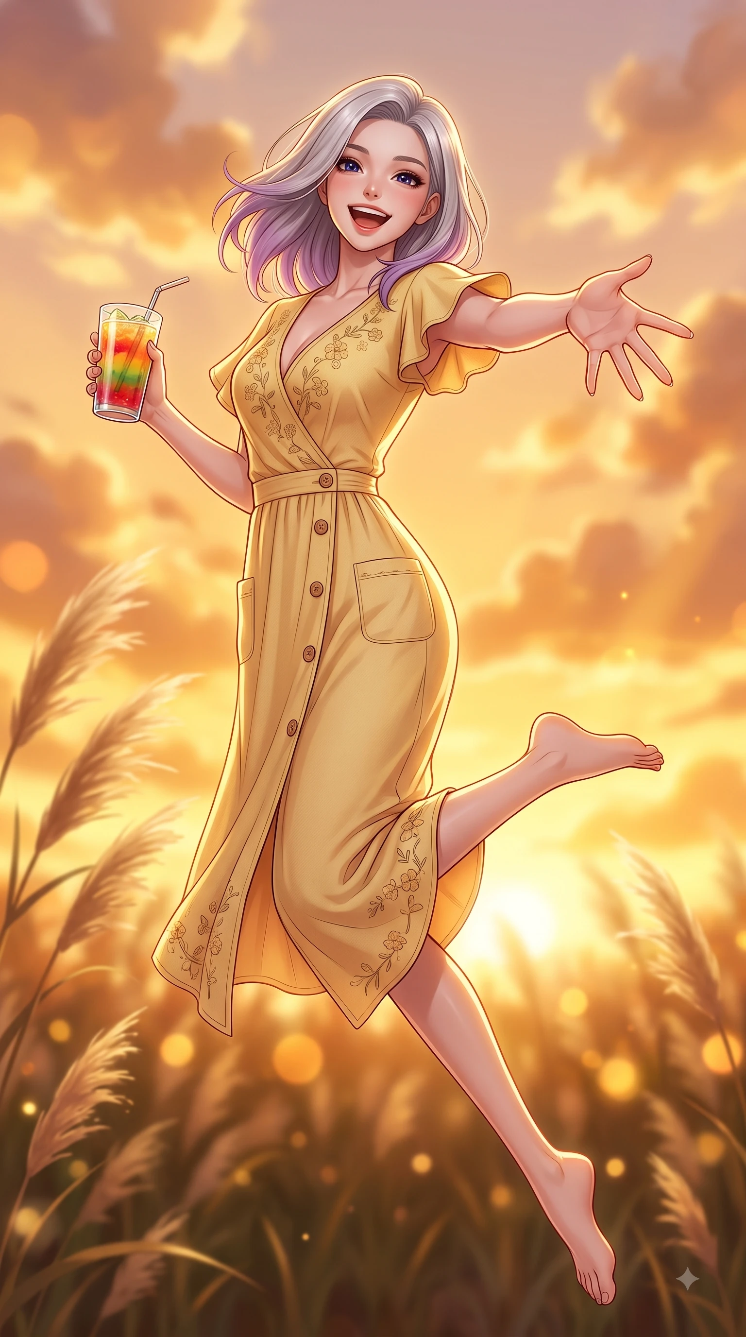 score_9, masterpiece, best quality, ultra-detailed, high-budget anime keyframe, editorial fashion photography, tasteful artistic composition, Caucasian woman. low angle full-body shot from head to toe showing her feet, filling the entire 9:16 vertical frame with her statuesque presence, stretching her vertical silhouette. leaping with pure youthful energy through the scene with a radiant bright smile, her long slender legs balanced gracefully while reaching one hand out playfully toward the camera holding a refreshing fruit drink with a sweet grin. The composition keeps background elements in soft focus with dreamy bokeh. swaying pampas grass and glowing sunset clouds softened in a dreamy background focus. She has an absolutely perfect, statuesque 8.5-heads proportion, an exceptionally tall and slender model-like female figure with impossibly long slender legs and an ultra-slim waist. sharp v-shaped jawline, high-bridge nose, intricate jewel-like eyes with depth, thick eyelashes, glossy lips with a natural sheen, flawlessly proportioned anatomical accuracy, natural body alignment, perfectly sculpted elegant limbs, clean dynamic posture without body distortion. wearing an elegant butter-yellow wrap midi dress with subtle floral embroidery and flutter sleeves in bright butter yellow and fresh cream white, made of comfortable premium stretch denim and soft jersey, finished with neat front wooden buttons and pocket details, the relaxed yet flattering fit accentuating her naturally graceful and slender figure. bathed in glorious golden hour sunset sunbeams and warm amber sky radiance. highly saturated vibrant anime colors, detailed shading with soft gradients, rich glossy textures, high-contrast stereoscopic depth, volumetric dynamic lighting, master piece, 9:16 ratio