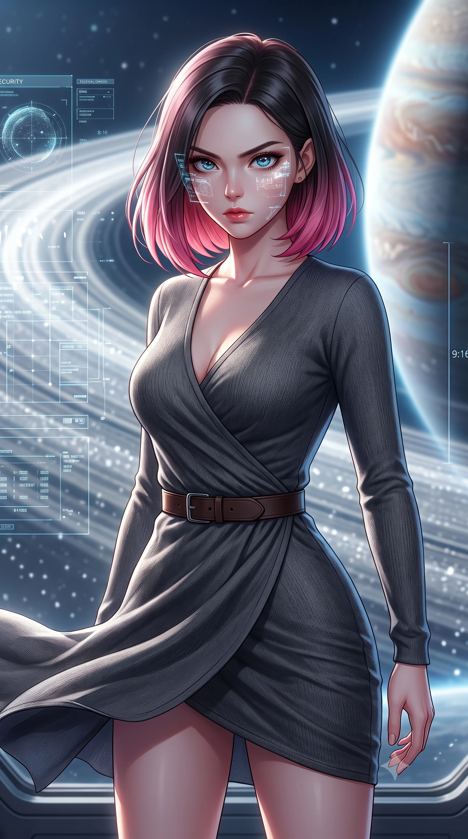score_9, masterpiece, best quality, ultra-detailed, high-budget anime keyframe, editorial fashion photography, tasteful artistic composition, Korean woman. close-up cowboy shot from the waist and thighs up, the character dominates the composition, filling the frame with her large presence, background elements kept in soft focus. Scanning the digital tactical security grid with a fierce focused gaze, hologram overlays reflecting in her eyes. set against a soft-focus background of crossing the planetary rings of a giant planet, millions of small ice particles reflecting the distant sun like a silver road. She has an exceptionally elegant and slender, willowy female figure with an ultra-slim waist, a gracefully sculpted slender torso, and a refined slim physique. sharp v-shaped jawline, high-bridge nose, intricate jewel-like eyes with depth, thick eyelashes, glossy lips with a natural sheen. wearing the lightweight fabric rippling and billowing dramatically with her movement, a body-hugging charcoal grey wrap-style knit dress in wool, cinched with a dark brown leather belt. highly saturated vibrant anime colors, intense vivid color palette, soft 3D volumetric shading, volumetric dynamic lighting, soft glowing ambient light with sharp side key light tracing the sleek contours of her figure. 2k, ultra detail, master piece, 9:16 ratio