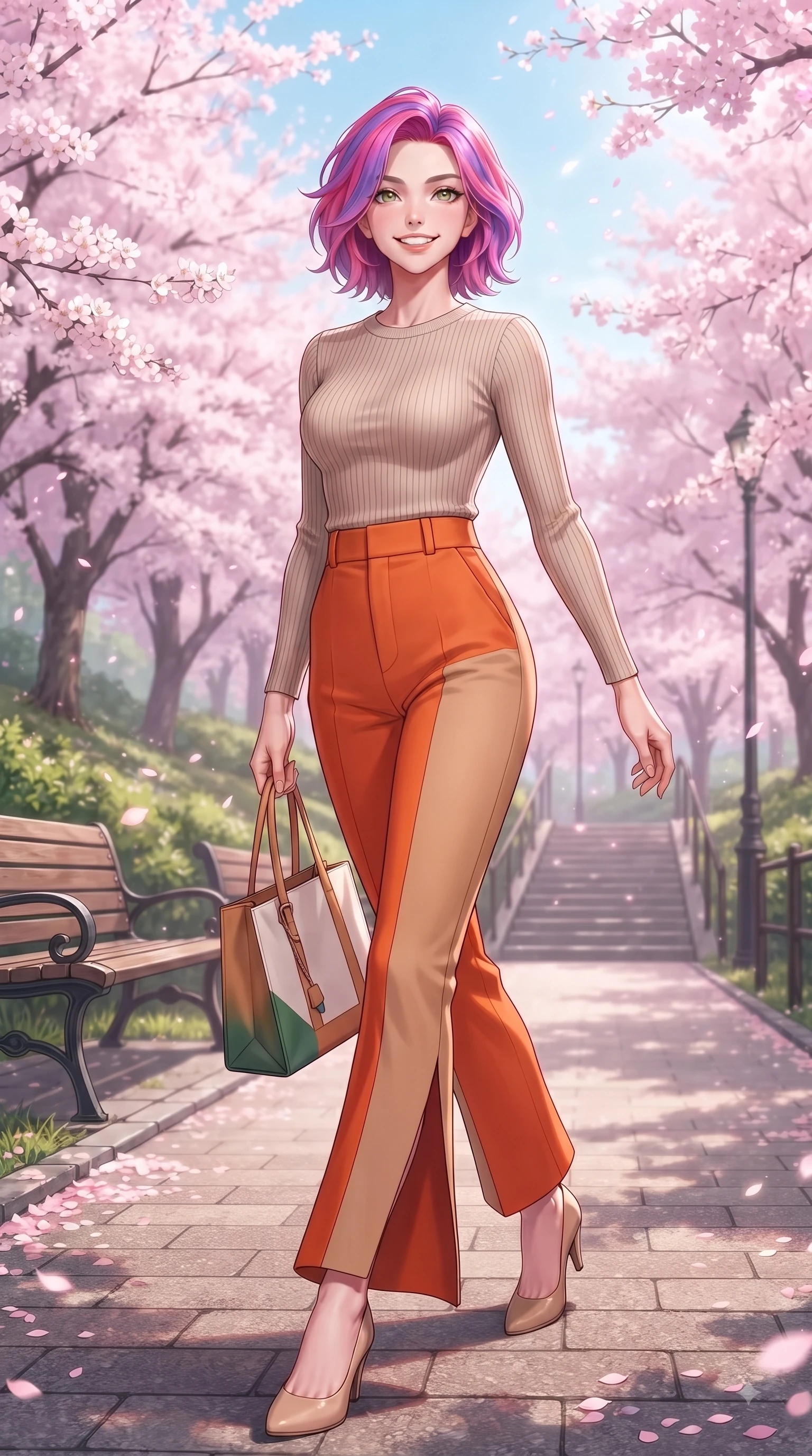 score_9, masterpiece, best quality, ultra-detailed, high-budget anime keyframe, editorial fashion photography, tasteful artistic composition, Caucasian woman. low angle full-body shot from head to toe showing her feet, filling the entire 9:16 vertical frame with her statuesque presence, stretching her vertical silhouette. walking forward in a proud dynamic stride with a cheerful beaming smile, her vertical silhouette filling the frame while stepping along a paved park trail carrying a tote bag with fresh youthful charm. The surrounding environment is rendered in vivid detail and crisp panoramic clarity. delicate cherry blossom petal clusters, wooden park benches, and historic hill paths in sharp resolution. She has an absolutely perfect, statuesque 8.5-heads proportion, an exceptionally tall and slender model-like female figure with impossibly long slender legs and an ultra-slim waist. sharp v-shaped jawline, high-bridge nose, intricate jewel-like eyes with depth, thick eyelashes, glossy lips with a natural sheen, flawlessly proportioned anatomical accuracy, natural body alignment, perfectly sculpted elegant limbs, clean dynamic posture without body distortion. wearing a form-contouring ribbed knit top paired with high-waisted tailored stretch trousers in bright burnt orange and warm beige, tailored from fine wool crepe with clean lines, featuring a sleek side leg slit ascending to mid-thigh, the sleek second-skin texture accentuating her magnetic presence. illuminated by soft glowing pink ambient light and clear sky refractions. ultra-reflective glossy finish, specular highlights, metallic sheen, high-contrast stereoscopic depth, volumetric dynamic lighting, 2k, ultra detail, master piece, 9:16 ratio