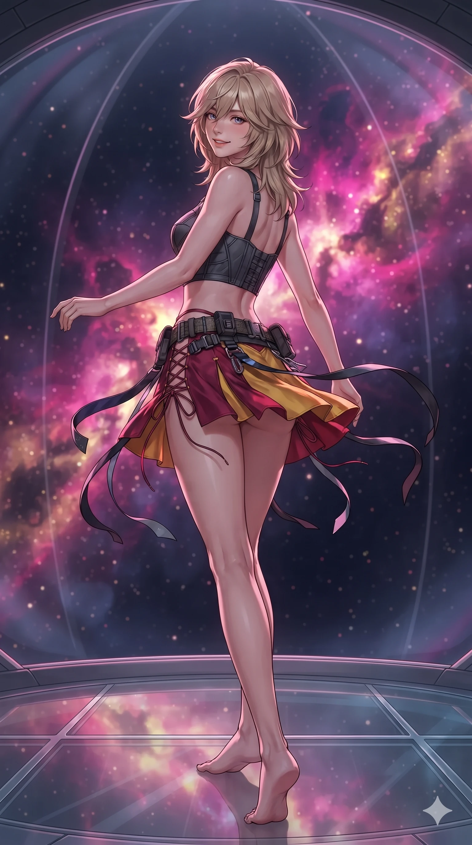 score_9, masterpiece, best quality, ultra-detailed, high-budget anime keyframe, editorial fashion photography, tasteful artistic composition, Japanese woman. low angle full-body shot from head to toe showing her feet, filling the entire 9:16 vertical frame with her statuesque presence, stretching her vertical silhouette. executing a cheerful mid-motion pivot turn as her tactical belt and ribbons flutter around her slender legs, glancing over her shoulder with an intoxicating, teasing bedroom-gaze while standing poised in the center of the transparent hemispherical observation dome, arching her spine with ethereal siren poise as vibrant magenta and gold emission nebulae surround her. The background shows a soft-focus faint nebular gas haze softened in deep void observation dome shallow focus. She has an absolutely perfect, statuesque 8.5-heads proportion, an exceptionally tall and slender model-like female figure with impossibly long slender legs, an ultra-slim waist, a flat toned midriff, narrow delicate ribcage, and beautifully sculpted feminine hips creating a graceful, slim hourglass silhouette without any bulky heaviness. sharp v-shaped jawline, high-bridge nose, intricate jewel-like sparkling eyes with depth, thick eyelashes, glossy parted lips with a natural sheen, bright confident smile with an enchanting and coquettish sensual glint, exuding both youthful magnetic charm and sovereign high-tech allure, flawlessly proportioned anatomical accuracy, strict slender model proportions, natural body alignment, perfectly sculpted long slender limbs, ultra-slim waistline, clean dynamic posture without body distortion. wearing a sculpted matte carbon underwire crop bustier with lace-up side ties paired with a low-rise micro skirt in relativistic crimson and blazing accretion gold, woven from high-density tech-wool with subtle metallic thread weave, featuring fine criss-cross lace-up side ties revealing tantalizing glimpses of her hip curve, the liquid-tight tailored fabric clinging flawlessly to her narrow waist and rounded feminine hips, emphasizing every millimeter of her sculpted slim hourglass curves without any bulky heaviness. bathed in the soft, multi-colored omnidirectional glow of glowing stellar nebulae combined with crisp under-floor floor uplights. ultra-reflective glossy finish, specular highlights, rich textural contrasts, high-contrast stereoscopic depth, volumetric dynamic lighting, 2k, ultra detail, master piece, 9:16 ratio