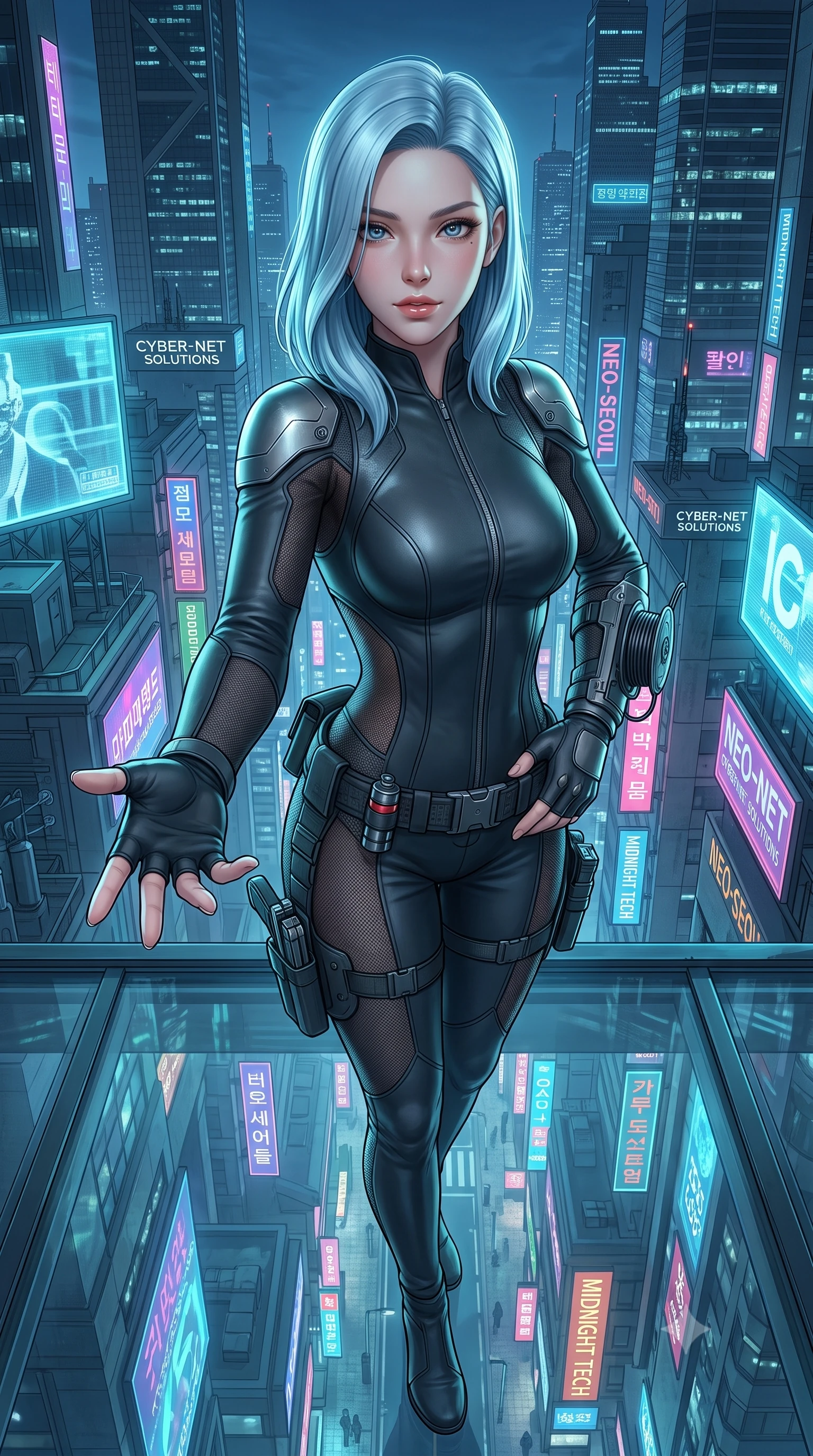 score_9, masterpiece, best quality, ultra-detailed, high-budget anime keyframe, semi-realistic 3D game render, editorial fashion photography, tasteful artistic composition, Korean woman. close-up cowboy shot from the waist and thighs up, the character dominates the composition, filling the frame with her large presence. extending one slender arm gracefully toward the foreground while casting an affectionate, mesmerizing glance while standing poised on a transparent structural glass floor overlooking the dizzying vertical abyss of a neon metropolis at 3 AM. The surrounding environment is rendered in vivid detail and crisp panoramic clarity. ultra-refined high-tech espionage chiaroscuro and monumental corporate tower architecture in sharp resolution. She has an exceptionally elegant, slender, and willowy female figure with an ultra-slim waist, a gracefully sculpted slender torso, toned flat midriff, and a refined slim silhouette. sharp v-shaped jawline, high-bridge nose, intricate jewel-like eyes with depth, thick eyelashes, glossy lips with a natural sheen, captivating and magnetic expression, flawlessly proportioned anatomical accuracy, strict slender model proportions, natural body alignment, perfectly sculpted long slender limbs, ultra-slim waistline, clean dynamic posture without body distortion. wearing a high-mobility tactical jumpsuit featuring sheer contouring mesh panels and reinforced shoulders in deep charcoal and specular titanium finish, tailored from second-skin supple lambskin leather with liquid drape, equipped with a grappling cable spool mechanism and tactical waist belt, the liquid-tight tailored fabric emphasizing every curve of her tall, slender model proportions and sculptured silhouette during dynamic movement. bathed in ambient cyan and ice-blue holographic screen glow combined with midnight city skylight. highly saturated vibrant anime colors, detailed shading with soft gradients, rich glossy textures, high-contrast stereoscopic depth, volumetric dynamic lighting, master piece, 9:16 ratio