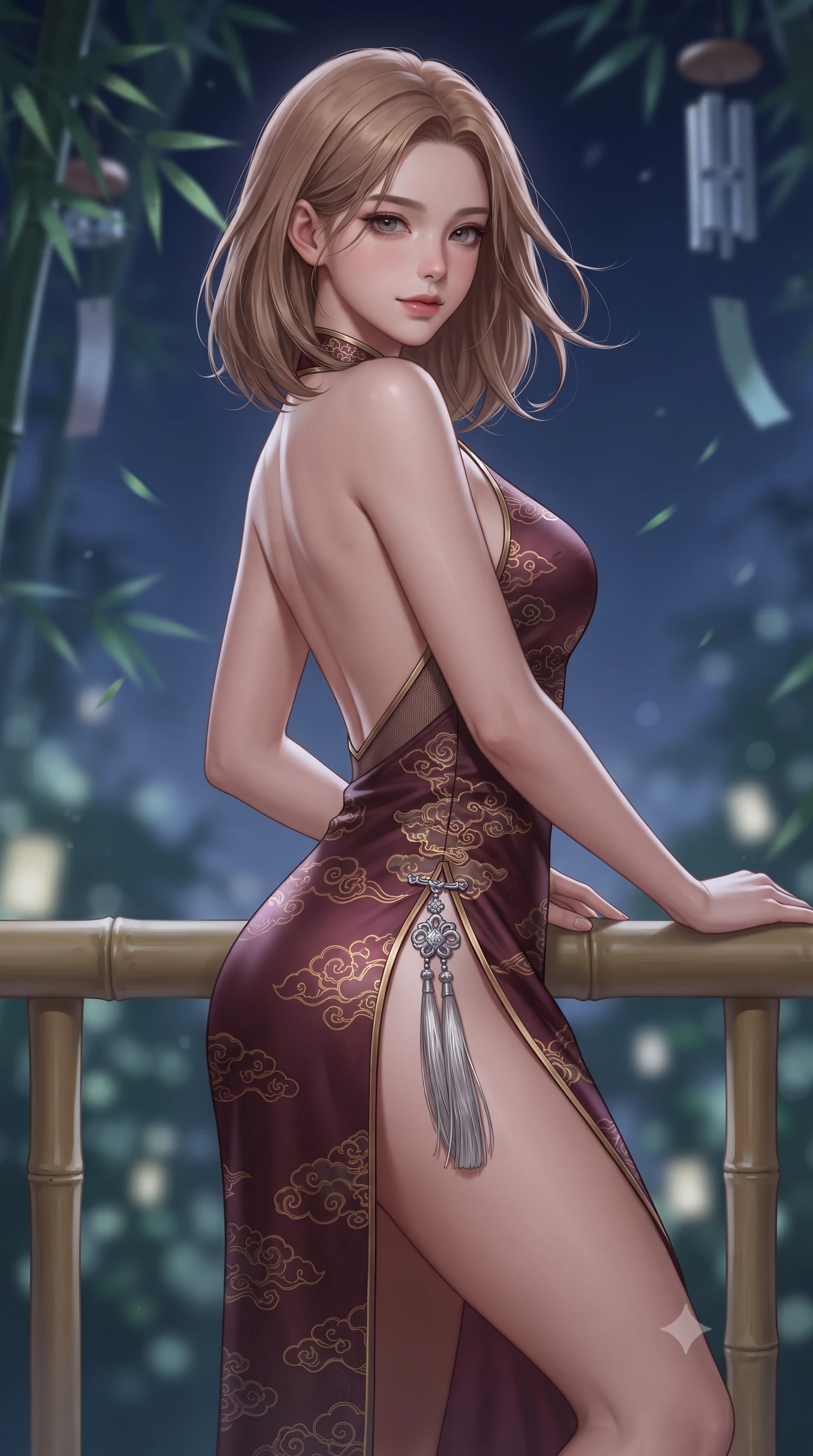 score_9, masterpiece, best quality, ultra-detailed, high-budget anime keyframe, editorial fashion photography, tasteful artistic composition, Korean woman. close-up cowboy shot from the waist and thighs up, the character dominates the composition, filling the frame with her large presence. turning slowly with an enchanting smoldering smile, her glossy hair tossing in the breeze as her hips angle gracefully in a captivating contrapposto while leaning back against the smooth bamboo balustrade with relaxed allure, casting an intoxicating, heavy-lidded bedroom-gaze toward the camera. The background shows a soft-focus swaying emerald bamboo leaves, wind chimes, and deep indigo night sky blurred into seafoam, charcoal, and silver bokeh. She has an exceptionally elegant, slender, and willowy female figure with an ultra-slim waist, flat toned midriff, narrow ribcage, and sculpted feminine hips creating an alluring, slim hourglass silhouette without bulk. sharp v-shaped jawline, high-bridge nose, sparkling eyes with hypnotic seductive depth, thick curled eyelashes, glossy parted lips with a natural dewy peach sheen, alluring bedroom-eyes with an enchanting coquettish smile, exuding magnetic siren charisma and sophisticated glamour, flawlessly proportioned anatomical accuracy, strict slender model proportions, natural body alignment, perfectly sculpted long slender limbs, ultra-slim waistline, clean dynamic posture without body distortion. wearing a backless embroidered silk satin slip dress with traditional cloud motifs contouring her narrow waist and curvy hips in smoky bordeaux wine and gilded bronze, made of semi-opaque stretch illusion mesh with soft shadowy contours, accented with an intricate silver norigae tassel swaying gracefully along her curving hip line, the high-slit wrap tailoring accentuating her ultra-slim waistline and the enchanting curve of her feminine hips with alluring seductive charm. illuminated by soft lantern warm fill and sharp silvery rim lighting defining her collarbones, flat midriff, and curvaceous hips. ultra-reflective glossy finish, specular highlights, rich textural contrasts, high-contrast stereoscopic depth, volumetric dynamic lighting, 2k, ultra detail, master piece, 9:16 ratio