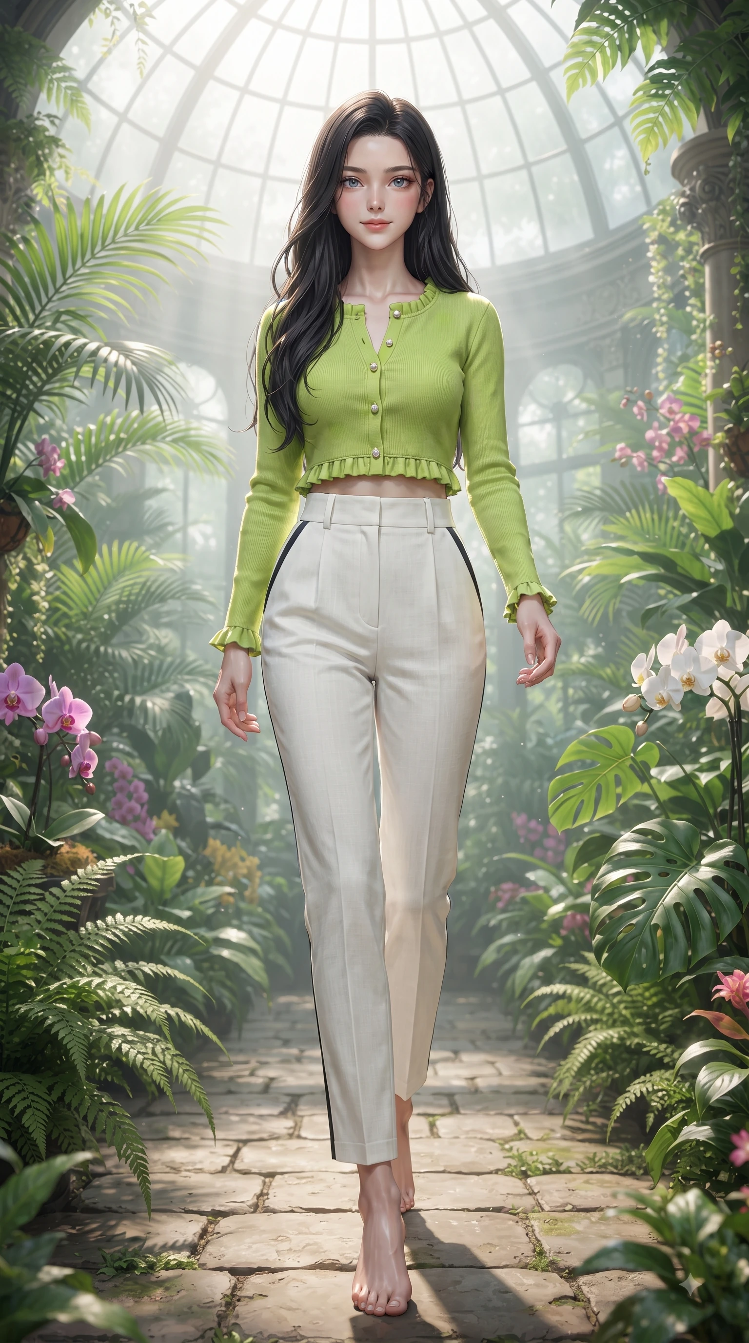 score_9, masterpiece, best quality, ultra-detailed, high-budget anime keyframe, editorial fashion photography, tasteful artistic composition, Korean woman. low angle full-body shot from head to toe showing her feet, filling the entire 9:16 vertical frame with her statuesque presence, stretching her vertical silhouette. Pure innocent expression with clear crystalline eyes, a gentle tender smile, and an airy serene aura while stepping along a stone greenhouse aisle surrounded by vibrant tropical foliage. The composition keeps background elements in soft focus with dreamy bokeh. sunbeams filtering through misty glass dome panes softened in creamy depth of field. She has an absolutely perfect, statuesque 8.5-heads proportion, an exceptionally tall and slender model-like female figure with impossibly long slender legs and an ultra-slim waist. sharp v-shaped jawline, high-bridge nose, intricate jewel-like eyes with depth, thick eyelashes, glossy lips with a natural sheen, flawlessly proportioned anatomical accuracy, natural body alignment, perfectly sculpted elegant limbs, clean dynamic posture without body distortion. wearing a bright lime green cropped cardigan paired with high-waist white linen trousers in bright lime green and sleek jet black, tailored from structured wool crepe with clean lines, accented with delicate pearl buttons and refined ruffle trims, the chic fashion cut framing her graceful clavicle and slender torso. surrounded by a lush, vibrant, and enchanting garden editorial ambiance. ultra-reflective glossy finish, specular highlights, metallic sheen, high-contrast stereoscopic depth, volumetric dynamic lighting, 2k, ultra detail, master piece, 9:16 ratio