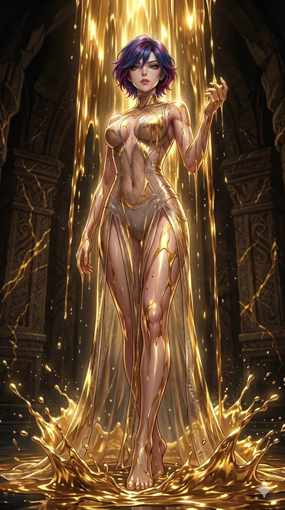 score_9, masterpiece, best quality, ultra-detailed, High-budget Anime Keyframe, East Asian woman. Low angle cowboy shot filling the entire 9:16 frame with her statuesque presence. Scenario 229: Standing under a waterfall of liquid gold, the fluid coa