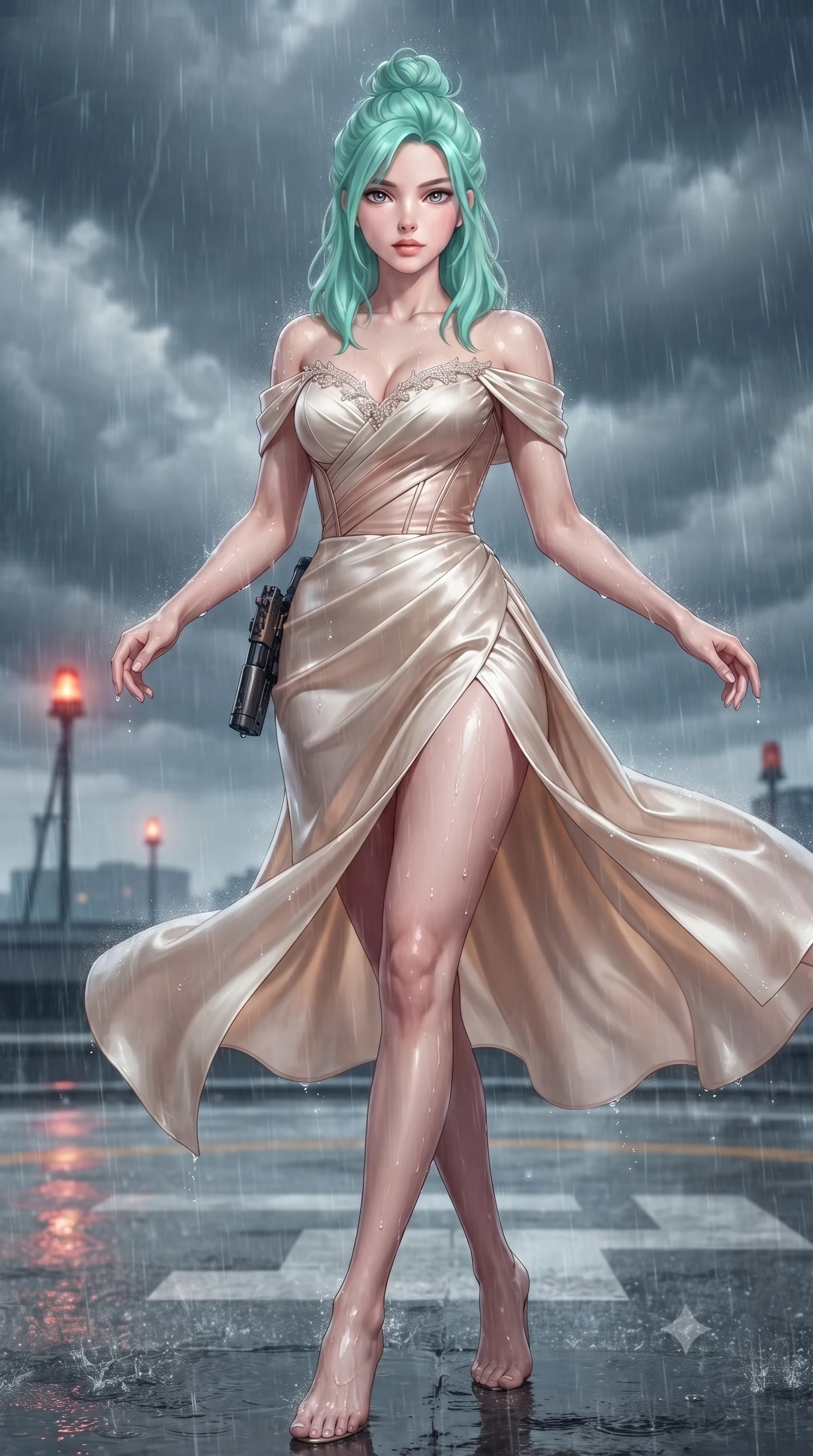 score_9, masterpiece, best quality, ultra-detailed, high-budget anime keyframe, editorial fashion photography, tasteful artistic composition, Japanese woman. low angle full-body shot from head to toe showing her feet, filling the entire 9:16 vertical frame with her statuesque presence, stretching her vertical silhouette. executing an elegant mid-motion spin with effortless grace, her garments fluttering softly around her ultra-slim waistline while striding through the rainstorm with lethal grace, grappling gun holstered at her hip as thunder rumbles overhead. The composition keeps background elements in soft focus with creamy bokeh. helipad perimeter warning beacons and swirling storm rain sheets softened in cinematic shallow focus. She has an absolutely perfect, statuesque 8.5-heads proportion, an exceptionally tall and slender model-like female figure with impossibly long slender legs, a toned flat midriff, and an ultra-slim waist. sharp v-shaped jawline, high-bridge nose, intricate jewel-like eyes with depth, thick eyelashes, glossy lips with a natural sheen, captivating and magnetic expression, flawlessly proportioned anatomical accuracy, strict slender model proportions, natural body alignment, perfectly sculpted long slender limbs, ultra-slim waistline, clean dynamic posture without body distortion. wearing a statuesque off-shoulder champagne satin gala dress featuring a thigh-high side slit and draped corset bodice in champagne ivory and rose gold, tailored from ultra-smooth duchess satin with a pearlescent sheen, finished with delicate crystal embroidery along the neckline and hem edition #29, the breezy yet form-flattering drape swaying gracefully with her steps, accentuating her long willowy limbs and slim waistline. illuminated by wet specular highlights tracing her sculpted flat midriff, waistline, and long legs. ultra-reflective glossy finish, specular highlights, rich textural contrasts, high-contrast stereoscopic depth, volumetric dynamic lighting, 2k, ultra detail, master piece, 9:16 ratio
