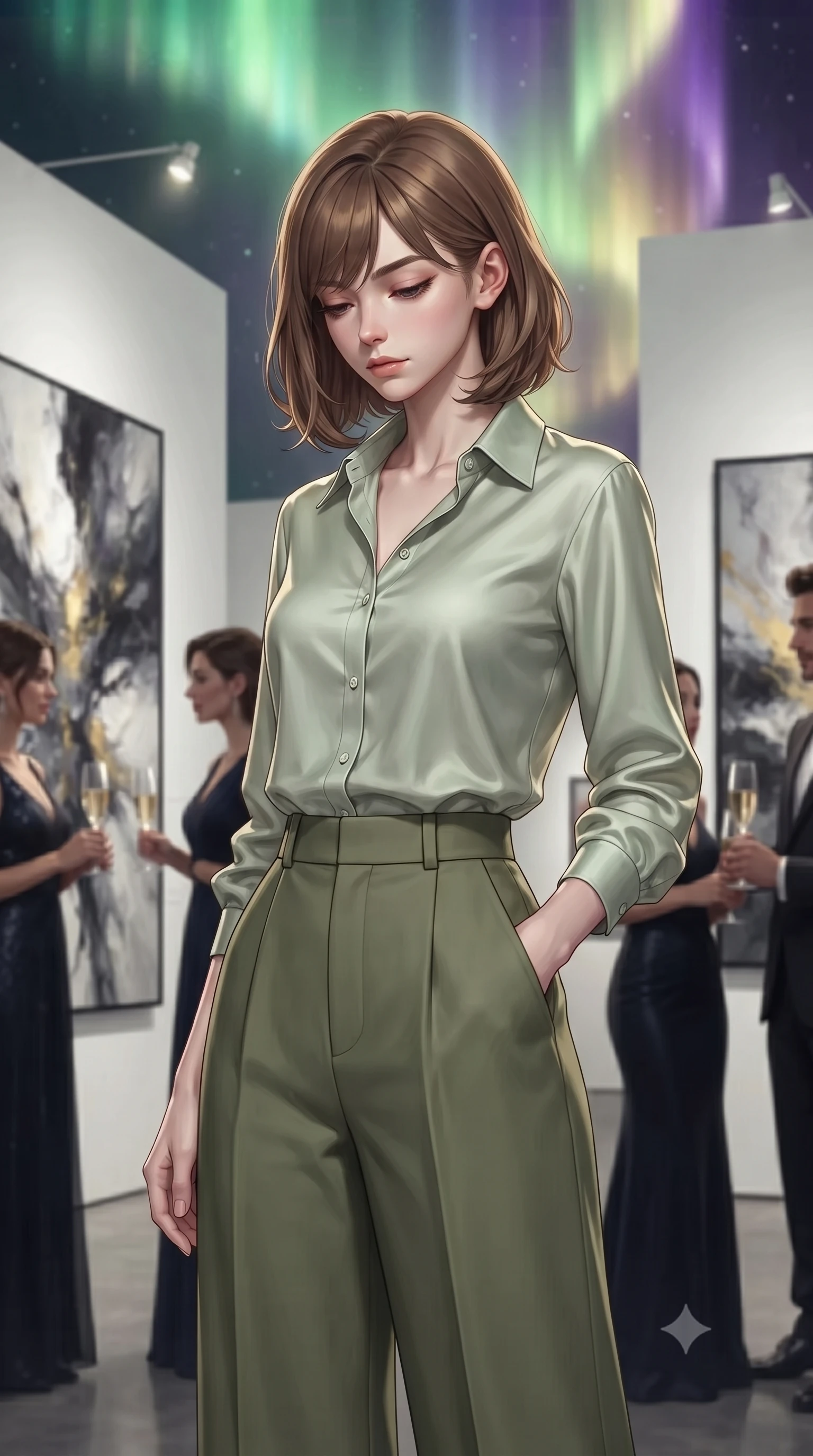 score_9, masterpiece, best quality, ultra-detailed, high-budget anime keyframe, editorial fashion photography, tasteful artistic composition, Caucasian woman, strictly human ears. close-up cowboy shot from the waist and thighs up, the character dominates the composition, filling the frame with her large presence, background elements kept in soft focus. Looking down with lowered lashes and a composed powerful expression. set against a soft-focus background of a prestigious contemporary art gallery on opening night with stark white walls displaying dramatic large-scale paintings elegant guests visible in soft focus and champagne flutes catching focused gallery lighting. She has an exceptionally elegant and slender, willowy female figure with an ultra-slim waist, a gracefully sculpted slender torso, and a refined slim physique. sharp v-shaped jawline, high-bridge nose, intricate jewel-like eyes with depth, thick eyelashes, glossy lips with a natural sheen. wearing a pale sage green button-down silk shirt tucked into high-waisted olive green wide-leg trousers. illuminated by a shifting aurora palette of green violet and gold from above. 2k, ultra detail, master piece, 9:16 ratio