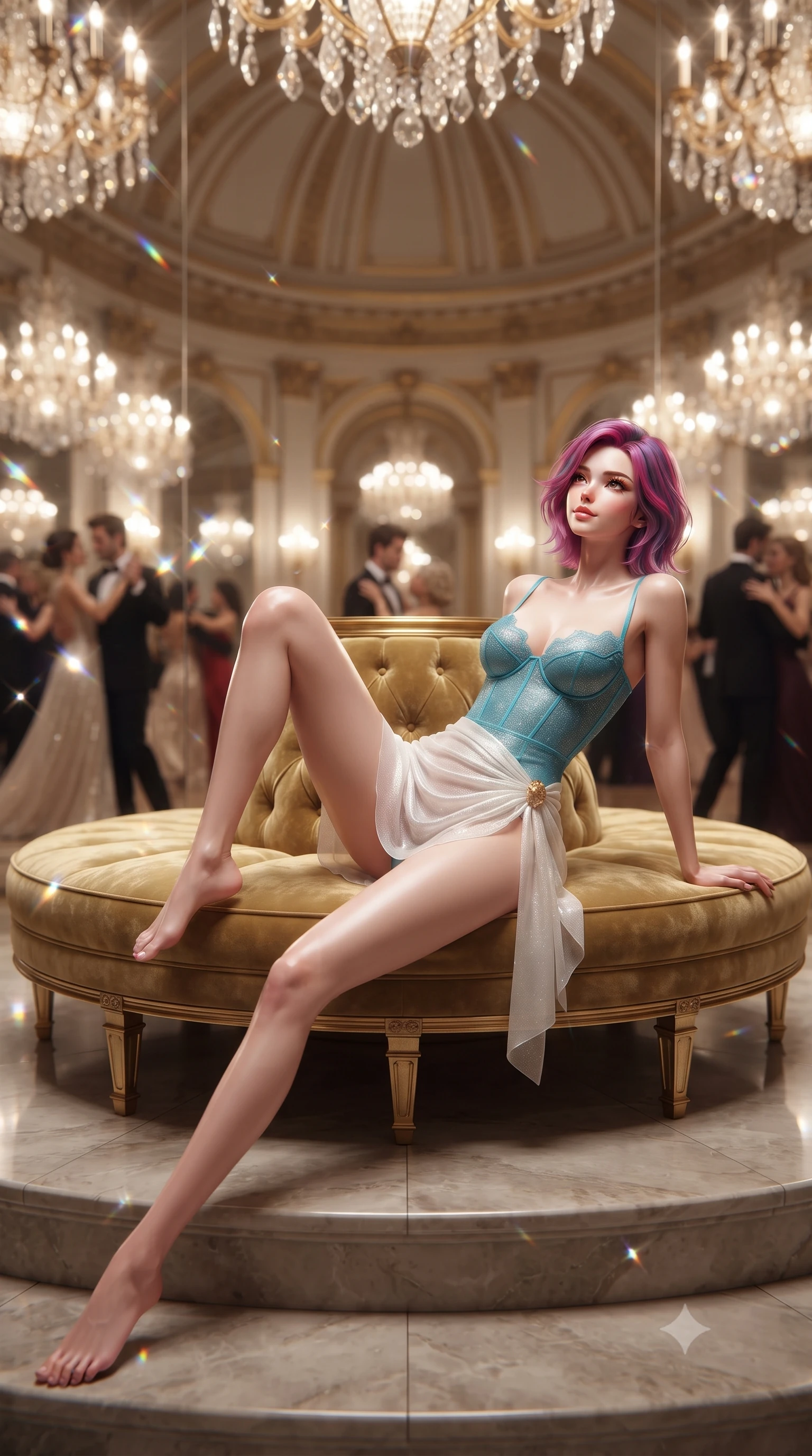score_9, masterpiece, best quality, ultra-detailed, high-budget anime keyframe, editorial fashion photography, tasteful artistic composition, Caucasian woman. low angle full-body shot from head to toe showing her feet, filling the entire 9:16 vertical frame with her statuesque presence, stretching her vertical silhouette. sitting poised on the stone steps with one knee bent, arching her spine with supermodel elegance as she glances upward through thick eyelashes while lounging gracefully on the circular gilded velvet banquette propped on one elbow, her statuesque 8.5-heads silhouette commanding the imperial ballroom. The background shows a soft-focus infinite mirror reflections of dancing gala couples, gilded neoclassical rotunda dome, and cascades of crystal chandeliers blurred into champagne-gold, bordeaux, and amber bokeh. She has an absolutely perfect, statuesque 8.5-heads proportion, an exceptionally tall and slender model-like female figure with impossibly long slender legs, an ultra-slim waist, a flat toned midriff, narrow delicate ribcage, and beautifully sculpted feminine hips creating a graceful, slim hourglass silhouette without any bulky heaviness. sharp v-shaped jawline, high-bridge nose, sparkling eyes with hypnotic seductive depth, thick curled eyelashes, glossy parted lips with a natural dewy peach sheen, alluring bedroom-eyes with an enchanting coquettish smile, exuding magnetic siren charisma and sophisticated glamour, flawlessly proportioned anatomical accuracy, strict slender model proportions, natural body alignment, perfectly sculpted long slender limbs, ultra-slim waistline, clean dynamic posture without body distortion. wearing a delicate French lace underwire bustier paired with a draped sheer chiffon wrap mini skirt and gold hip brooch in Maldives ocean cyan and shimmering pearl white, woven from stretch metallic lurex jersey casting radiant starlight glints across her silhouette, finished with scalloped eyelash lace trim framing her sweetheart neckline with intimate elegance, the second-skin tailored fabric adhering flawlessly to her sculpted flat midriff and slender torso, emphasizing her long leg lines and perfectly proportioned willowy build. bathed in brilliant multi-directional crystal chandelier illumination creating sparkling prism highlights across the room. ultra-reflective glossy finish, specular highlights, rich textural contrasts, high-contrast stereoscopic depth, volumetric dynamic lighting, 2k, ultra detail, master piece, 9:16 ratio