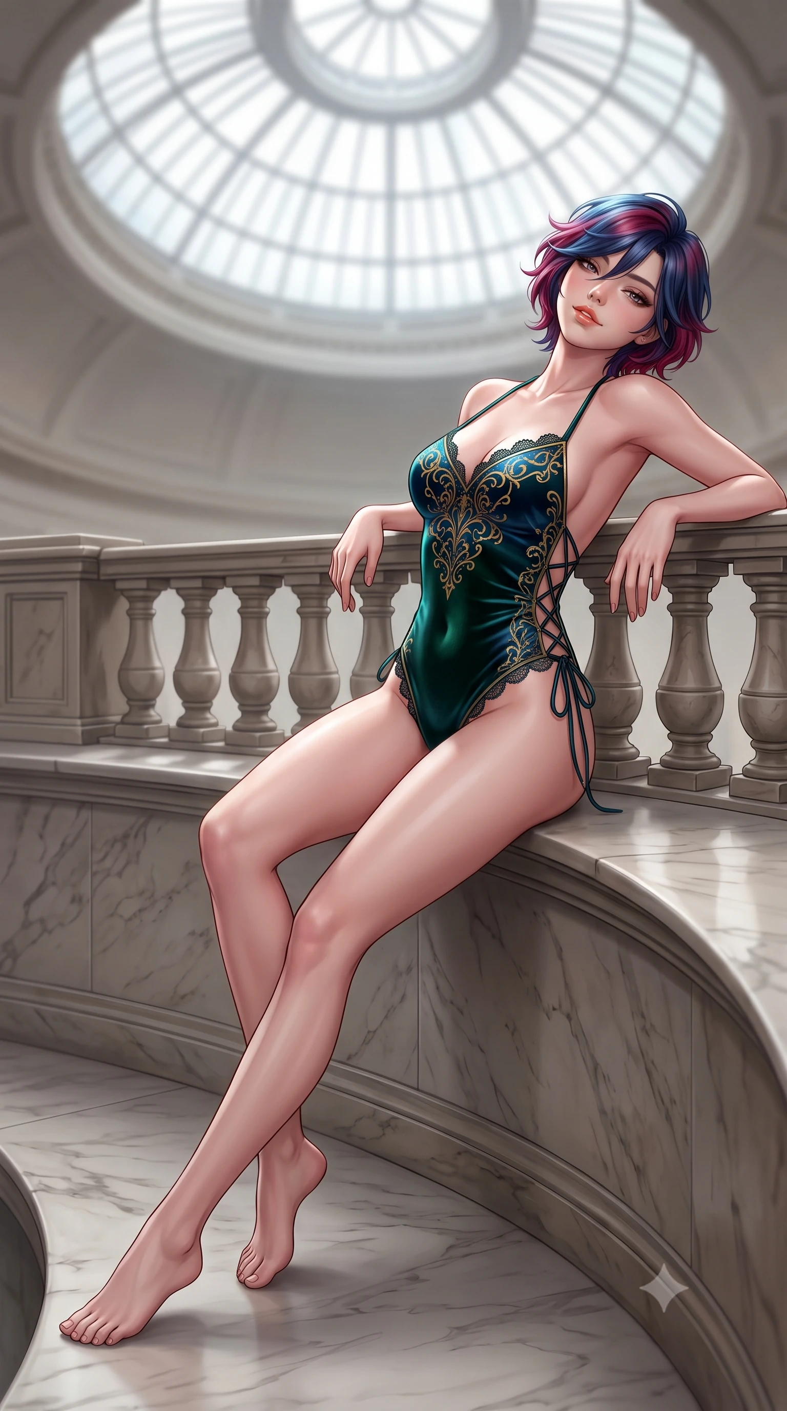 score_9, masterpiece, best quality, ultra-detailed, high-budget anime keyframe, semi-realistic 3D game render, editorial fashion photography, tasteful artistic composition, Korean woman. close-up cowboy shot from the waist and thighs up, the character dominates the composition, filling the frame with her large presence. leaning back against the balustrade with relaxed seductive grace, head tilted back slightly while casting a hypnotic, heavy-lidded gaze while sitting perched on the curving ramp ledge with legs extended, displaying her impossibly long slender limbs with supermodel cool. The background shows a soft-focus soaring skylight dome softened in iconic architectural shallow focus. She has an exceptionally elegant, slender, and willowy female figure with an ultra-slim waist, flat toned midriff, narrow ribcage, and sculpted feminine hips creating an alluring, slim hourglass silhouette without bulk. sharp v-shaped jawline, high-bridge nose, sparkling eyes with hypnotic seductive depth, thick curled eyelashes, glossy parted lips with a natural dewy peach sheen, alluring bedroom-eyes with an enchanting coquettish smile, exuding magnetic siren charisma and sophisticated glamour, flawlessly proportioned anatomical accuracy, strict slender model proportions, natural body alignment, perfectly sculpted long slender limbs, ultra-slim waistline, clean dynamic posture without body distortion. wearing a slinky backless halterneck velvet leotard with scalloped eyelash lace hems and sheer lace-up side ties in deep emerald velvet and dark sapphire with gold filigree, crafted from fluid liquid silk satin that clings smoothly to every curve with a dewy sheen, finished with scalloped eyelash lace trim framing her sweetheart neckline with intimate elegance, the form-contouring silhouette accentuating her sculpted flat midriff, narrow delicate ribcage, and gracefully curvy hips with intoxicating allure. bathed in diffused omnidirectional gallery daylight cascading down the central rotunda void. highly saturated vibrant anime colors, detailed shading with soft gradients, rich glossy textures, high-contrast stereoscopic depth, volumetric dynamic lighting, master piece, 9:16 ratio
