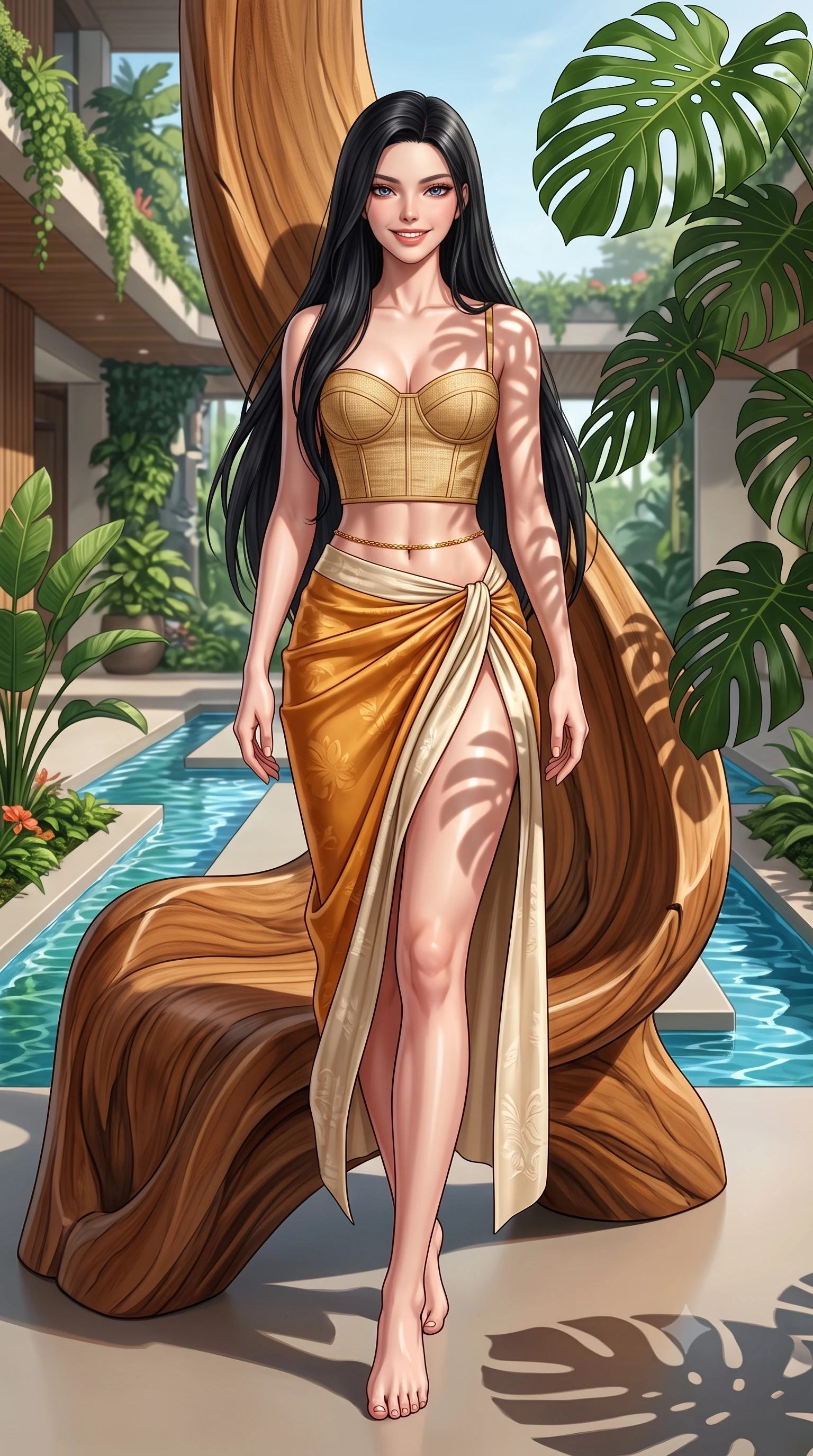 score_9, masterpiece, best quality, ultra-detailed, high-budget anime keyframe, semi-realistic 3D game render, editorial fashion photography, tasteful artistic composition, Korean woman. low angle full-body shot from head to toe showing her feet, filling the entire 9:16 vertical frame with her statuesque presence, stretching her vertical silhouette. striding forward in a proud, dynamic supermodel runway stride, hips swaying in an alluring kinetic rhythm that stretches her silhouette while leaning back against sculpted ergonomic teak furniture surrounded by giant monstera leaves, smiling with radiant warmth. The surrounding environment is rendered in vivid detail and crisp panoramic clarity. detailed architectural greenery, flowing water channels, and fabric textures in crisp panoramic resolution. She has an absolutely perfect, statuesque 8.5-heads proportion, an exceptionally tall and slender model-like female figure with impossibly long slender legs, a toned flat midriff, and an ultra-slim waist. sharp v-shaped jawline, high-bridge nose, intricate jewel-like eyes with depth, thick eyelashes, glossy parted lips with a natural sheen, intensely captivating and seductive expression, flawlessly proportioned anatomical accuracy, strict slender model proportions, natural body alignment, perfectly sculpted long slender limbs, ultra-slim waistline, clean dynamic posture without body distortion. wearing a structured golden-thread linen bustier paired with a draped high-slit sarong skirt in warm amber honey and natural linen cream, tailored from smooth liquid silk satin with subtle floral jacquard, accented with an ultra-slim golden waist chain accentuating her flat midriff, the relaxed yet flattering fit accentuating her naturally graceful and slender figure, highlighting her tall statuesque proportions. illuminated by organic stencil shadows from tropical leaves tracing her sculpted torso and legs. highly saturated vibrant anime colors, detailed shading with soft gradients, rich glossy textures, high-contrast stereoscopic depth, volumetric dynamic lighting, master piece, 9:16 ratio