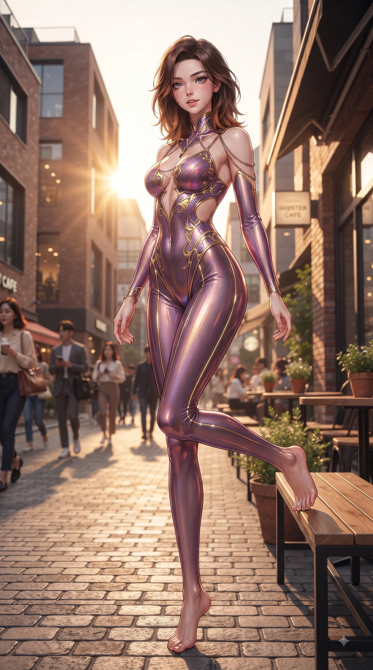 score_9, masterpiece, best quality, ultra-detailed, high-budget anime keyframe, editorial fashion photography, tasteful artistic composition, Korean woman. low angle full-body shot from head to toe showing her feet, filling the entire 9:16 vertical frame with her statuesque presence, stretching her vertical silhouette. pivoting dynamically in mid-motion with a delighted cute expression, displaying her perfect model proportions while resting on a wooden bench outside a hipster cafe on a bustling Seoul fashion street, warm golden hour sunbursts filtering between modern brick buildings. She has an absolutely perfect, statuesque 8.5-heads proportion, an exceptionally tall and slender model-like female figure with impossibly long slender legs and an ultra-slim waist. sharp v-shaped jawline, high-bridge nose, intricate jewel-like eyes with depth, thick eyelashes, glossy lips with a natural sheen, flawlessly proportioned anatomical accuracy, natural body alignment, perfectly sculpted elegant limbs, clean dynamic posture without body distortion. wearing a skin-tight cybernetic bodysuit with glowing neon seams and side cutouts in plum purple and gold filigree, crafted from iridescent chiffon that shifts colors in the light, adorned with delicate metallic chain straps along the neckline, the glove-like fit emphasizing her statuesque silhouette during motion. surrounded by a lively, trendy street aura with rich specular highlights. ultra-reflective glossy finish, specular highlights, metallic sheen, high-contrast stereoscopic depth, volumetric dynamic lighting, 2k, ultra detail, master piece, 9:16 ratio