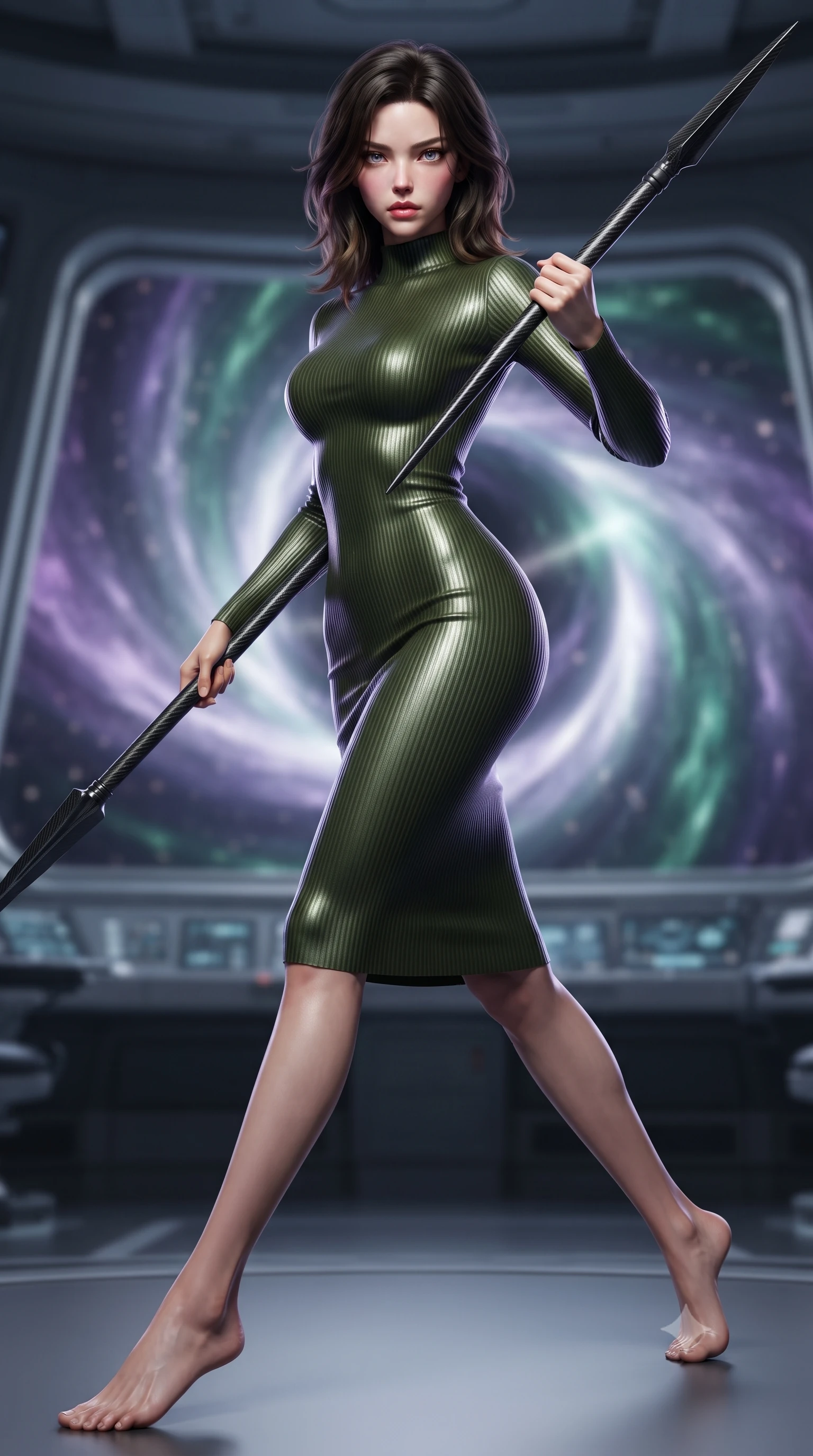 score_9, masterpiece, best quality, ultra-detailed, high-budget anime keyframe, editorial fashion photography, tasteful artistic composition, Korean woman. low angle full-body shot from head to toe showing her feet, filling the entire 9:16 vertical frame with her statuesque presence, stretching her vertical silhouette. standing in a dynamic combat stance with a carbon-fiber spear held diagonally, stretching her statuesque body, the background shows a soft-focus the control bridge of a singularity cruiser with a panoramic window showing warps. She has an absolutely perfect, statuesque 8.5-heads proportion, an exceptionally tall and slender model-like female figure with impossibly long slender legs and an ultra-slim waist. sharp v-shaped jawline, high-bridge nose, intricate jewel-like eyes with depth, thick eyelashes, glossy lips with a natural sheen. wearing a form-contouring body-hugging ribbed carbon-fiber knit bodycon midi dress in olive green, featuring a snug mock-neck. the deep violet and emerald hues of a cosmic singularity bending the light. ultra-reflective glossy finish, specular highlights, metallic sheen, high-contrast stereoscopic depth, volumetric dynamic lighting, 2k, ultra detail, master piece, 9:16 ratio