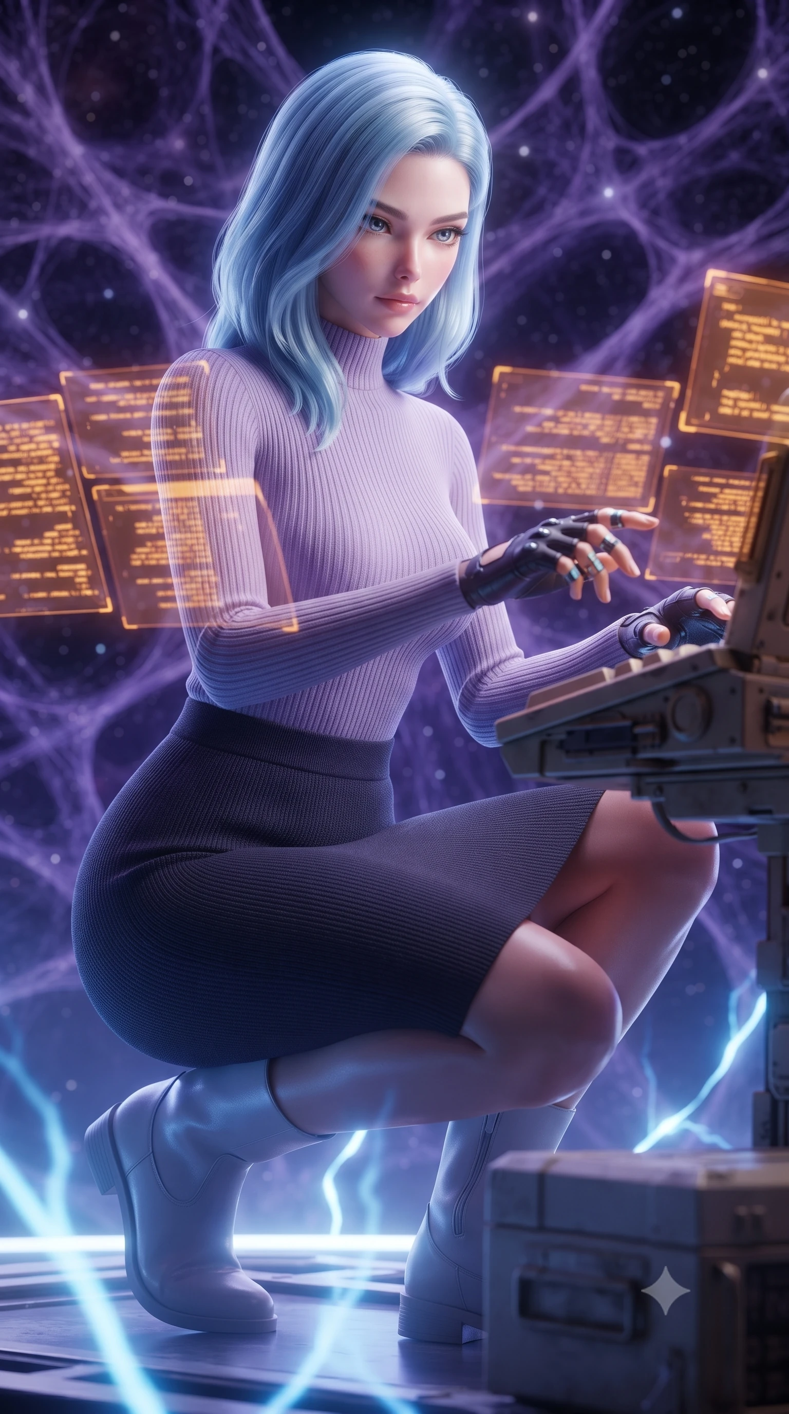 score_9, masterpiece, best quality, ultra-detailed, high-budget anime keyframe, editorial fashion photography, tasteful artistic composition, realistic cosplay photography, Korean woman. close-up cowboy shot from the waist and thighs up, the character dominates the composition, filling the frame with her large presence, background elements kept in soft focus. Hacking a security terminal in a low crouch, fingers moving in a blur as amber code screens surround her. set against a soft-focus background of a space region where purple dark matter filaments are visible like cosmic spiderwebs, stars trapped in the threads. She has an exceptionally elegant and slender, willowy female figure with an ultra-slim waist, a gracefully sculpted slender torso, and a refined slim physique. sharp v-shaped jawline, high-bridge nose, intricate jewel-like eyes with depth, thick eyelashes, glossy lips with a natural sheen. wearing catching and diffusing the glowing particles, shimmering softly in response to the surrounding light, a slim-fit high-neck ribbed knit top in lavender, paired with a matching form-fitting knit pencil skirt in deep charcoal. pulsing electric blue plasma arc lighting rising dramatically from below. ultra-reflective glossy finish, specular highlights, metallic sheen, high-contrast stereoscopic depth, volumetric dynamic lighting, 2k, ultra detail, master piece, 9:16 ratio