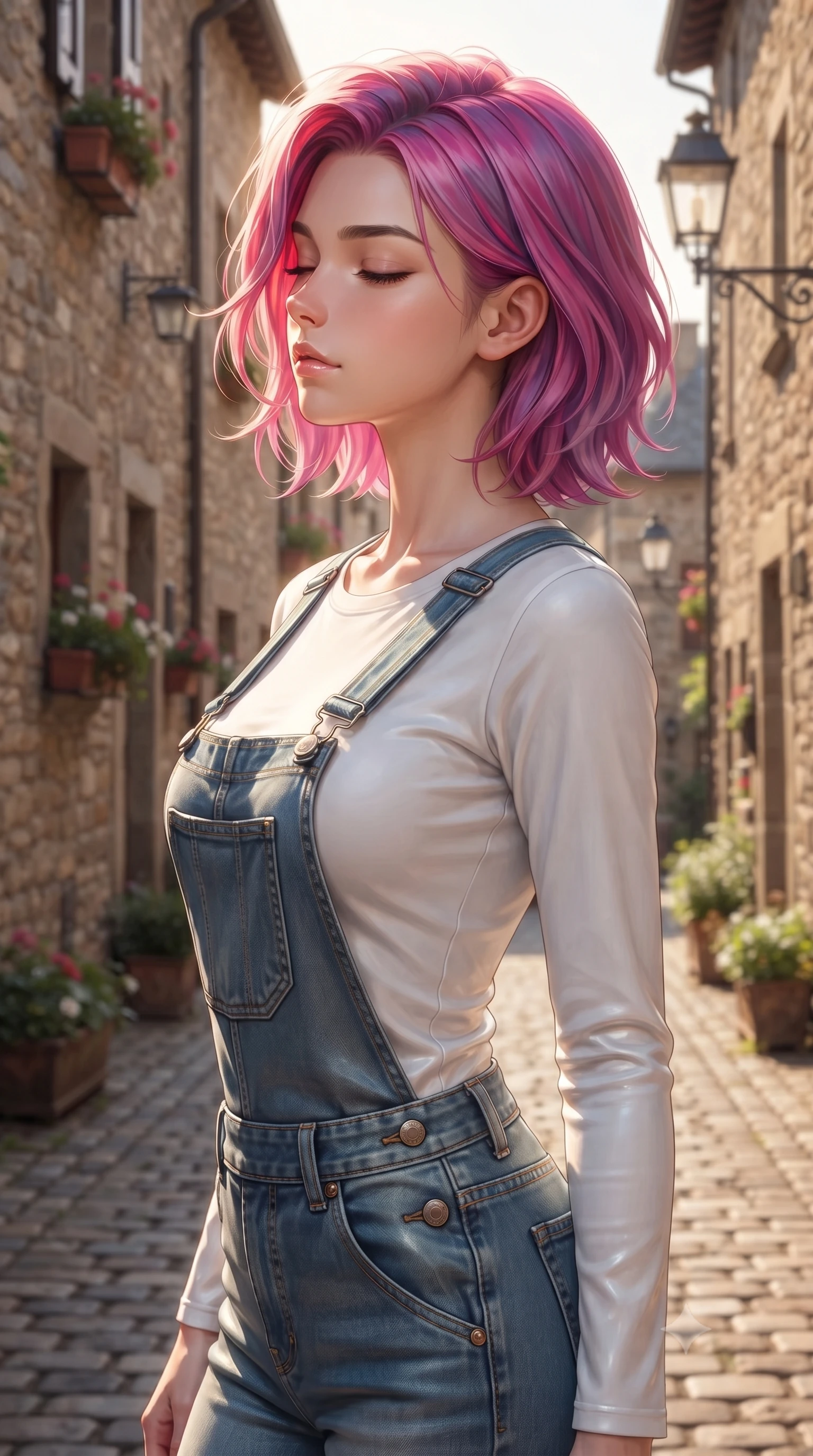 score_9, masterpiece, best quality, ultra-detailed, high-budget anime keyframe, editorial fashion photography, tasteful artistic composition, Caucasian woman woman. close-up cowboy shot from the waist and thighs up, the character dominates the composition, filling the frame with her large presence, background elements kept in soft focus. turning her face in profile to catch the warm sunlight on her cheek, eyes softly closed the background shows a soft-focus a narrow cobblestone street in an old European town, lined with flower boxes and street lamps. She has an exceptionally elegant, slender, and willowy female figure with an ultra-slim waist, a gracefully sculpted slender torso, and a refined silhouette. sharp v-shaped jawline, high-bridge nose, intricate jewel-like eyes with depth, thick eyelashes, glossy lips with a natural sheen. wearing a tailored casual denim overall worn over a simple white long-sleeve tee. soft afternoon sunbeams reflecting off the stone walls and pavement. ultra-reflective glossy finish, specular highlights, metallic sheen, high-contrast stereoscopic depth, volumetric dynamic lighting, 2k, ultra detail, master piece, 9:16 ratio
