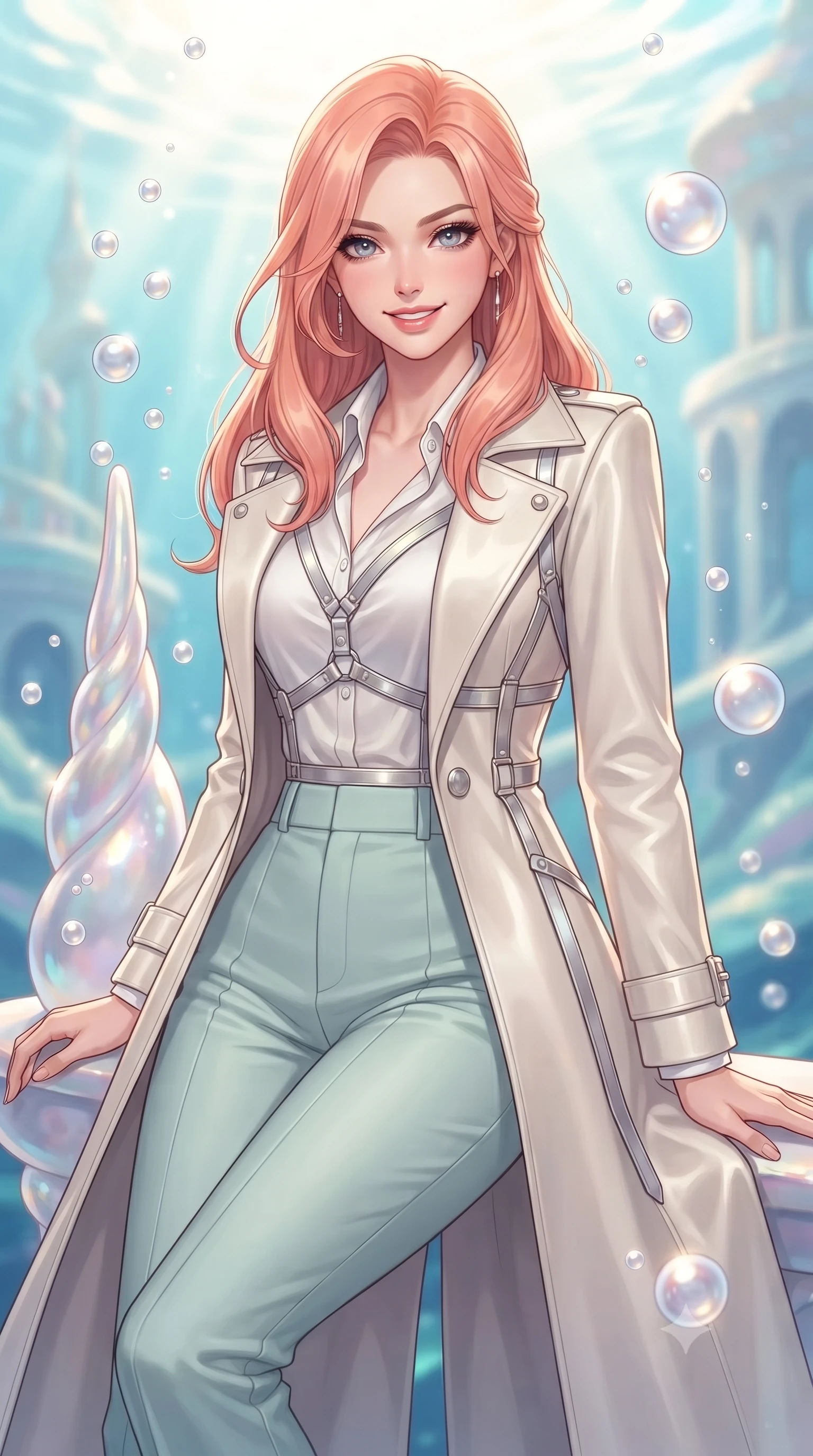 score_9, masterpiece, best quality, ultra-detailed, high-budget anime keyframe, editorial fashion photography, tasteful artistic composition, Japanese woman. close-up cowboy shot from the waist and thighs up, the character dominates the composition, filling the frame with her large presence, background elements kept in soft focus. Smiling with quiet, magnetic self-assurance directly into the camera, resting against a pearl spire as gentle ocean bubbles rise around her, rising pearl-like bubbles reflecting bright sunlight. She has an exceptionally elegant, slender, and willowy female figure with an ultra-slim waist, a gracefully sculpted slender torso, and a refined silhouette. sharp v-shaped jawline, high-bridge nose, intricate jewel-like eyes with depth, thick eyelashes, glossy lips with a natural sheen. wearing structured platinum leather long coat over white silk blouse and tailored slacks in pale opal seafoam, made of polished ivory leather, highlighted by a platinum metallic harness structure, contouring every curve with an exceptionally elegant silhouette. lit by clear sun-drenched sea light with soft ethereal shadows. highly saturated vibrant anime colors, detailed shading with soft gradients, rich glossy textures, high-contrast stereoscopic depth, volumetric dynamic lighting, master piece, 9:16 ratio