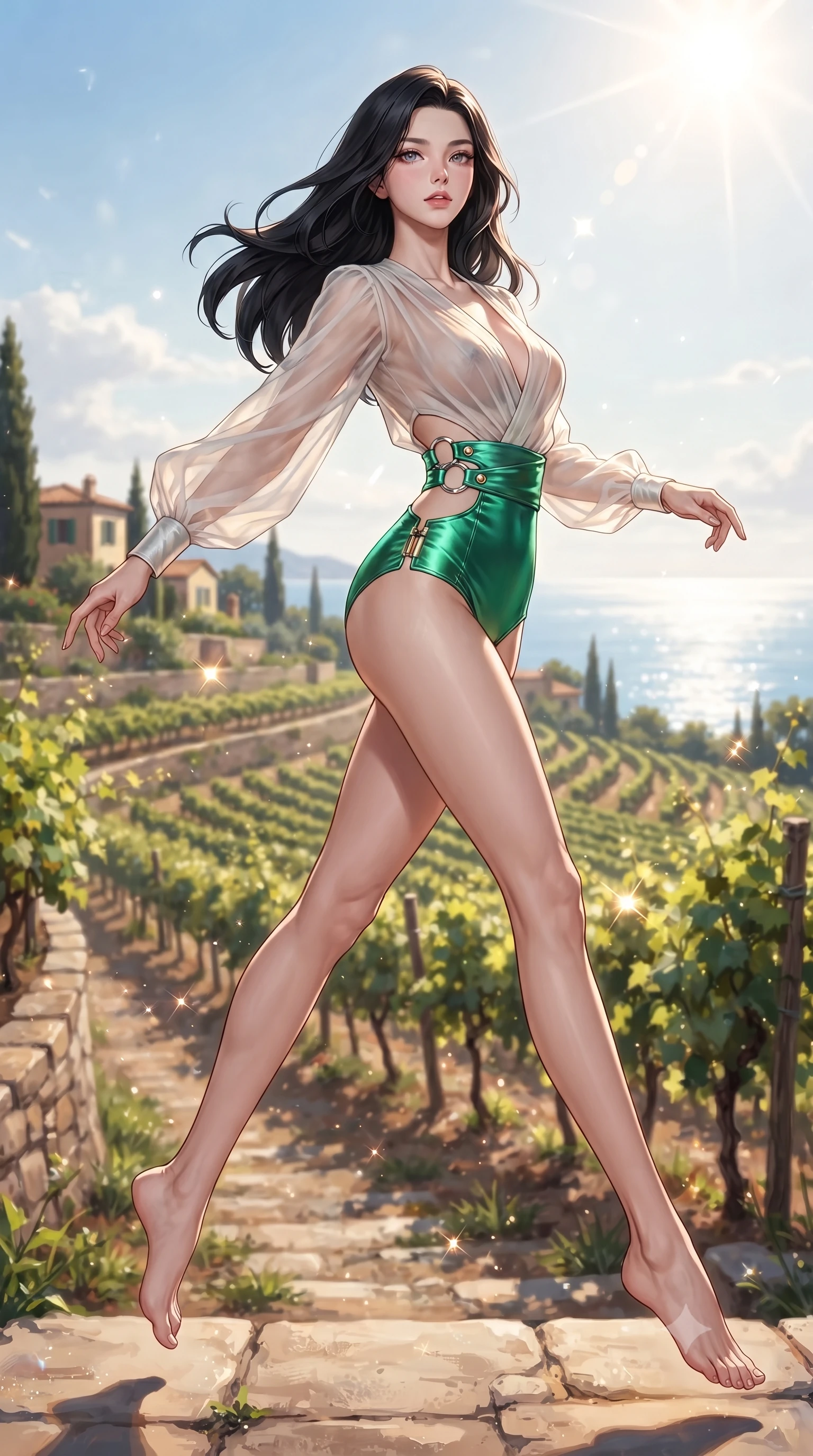 score_9, masterpiece, best quality, ultra-detailed, high-budget anime keyframe, editorial fashion photography, tasteful artistic composition, Korean woman. low angle full-body shot from head to toe showing her feet, filling the entire 9:16 vertical frame with her statuesque presence, stretching her vertical silhouette. leaping through mid-air with an athletic yet alluring arch of her spine, her impossibly long slender legs stretched in flawless poise while stepping along a terraced vineyard path as warm Mediterranean breezes flutter her lightweight silk wrap. The composition keeps background elements in soft focus with creamy bokeh. sparkling sunlight reflections scattering radiant warmth across a scenic backdrop. She has an absolutely perfect, statuesque 8.5-heads proportion, an exceptionally tall and slender model-like female figure with impossibly long slender legs, a toned flat midriff, and an ultra-slim waist. sharp v-shaped jawline, high-bridge nose, intricate jewel-like eyes with depth, thick eyelashes, glossy lips with a natural sheen, flawlessly proportioned anatomical accuracy, strict slender model proportions, natural body alignment, perfectly sculpted long slender limbs, ultra-slim waistline, clean dynamic posture without body distortion. wearing a shortened cyber-fusion wrap top with transparent chiffon panels, a deep crossover neckline, and a high-waisted metallic sash that accentuates her ultra-slim waist in bright emerald green satin and gold hardware, made of smooth iridescent silk chiffon that shifts colors with movement, detailed with polished silver rings connecting the daring side-waist cutouts, the glove-like aerodynamic second-skin fit tightly clinging to her ultra-slender waist and athletic curves without adding bulk, accentuating her razor-sharp statuesque lines and slim hourglass silhouette. surrounded by an exclusive, sun-drenched, and effortlessly seductive European luxury lifestyle aura. ultra-reflective glossy finish, specular highlights, metallic sheen, high-contrast stereoscopic depth, volumetric dynamic lighting, 2k, ultra detail, master piece, 9:16 ratio