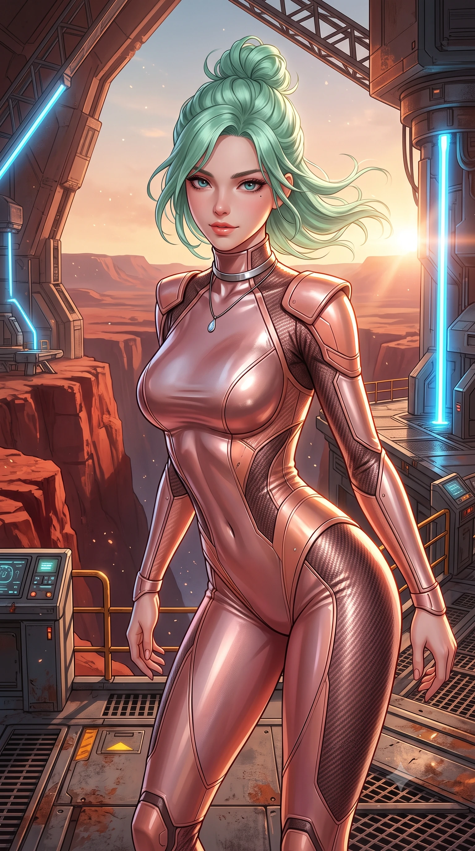 score_9, masterpiece, best quality, ultra-detailed, high-budget anime keyframe, semi-realistic 3D game render, editorial fashion photography, tasteful artistic composition, Japanese woman. close-up cowboy shot from the waist and thighs up, the character dominates the composition, filling the frame with her large presence. leaning forward while arching her lower back to accentuate her curvy hips, looking into the camera with an intoxicating smoldering gaze and bedroom-eyes while standing poised on the reinforced blast terrace jutting over the colossal red chasms of Valles Marineris, arching her back with breathtaking anime heroine charisma. The surrounding environment is rendered in vivid detail and crisp panoramic clarity: detailed anime combat uniform, vibrant shading, and monumental planetary terraforming architecture in razor-sharp precision. She has an exceptionally elegant, slender, and willowy female figure with an ultra-slim waist, flat toned midriff, narrow ribcage, and sculpted feminine hips creating an alluring, slim hourglass silhouette without bulk. sharp v-shaped jawline, high-bridge nose, intricate jewel-like sparkling eyes with depth, thick eyelashes, glossy parted lips with a natural peach sheen, bright cheerful beaming smile with an enchanting and coquettish sensual glint, exuding both youthful cute charm and seductive allure, flawlessly proportioned anatomical accuracy, strict slender model proportions, natural body alignment, perfectly sculpted long slender limbs, ultra-slim waistline, clean dynamic posture without body distortion. wearing a body-hugging liquid mercury jersey combat gown with high mock neck and structured shoulder pads clinging flawlessly to her silhouette in Solaris liquid rose-quartz and alien peach, woven from structured carbon-fiber jacquard with rich textural depth, finished with a minimalist chrome choker and a single teardrop diamond pendant, the impeccably tailored cut draping gracefully along her slender figure with aristocratic poise. bathed in rich 2000K warm terracotta sunset glow contrasted with brilliant electric-blue ionization laser conduits. highly saturated vibrant anime colors, detailed shading with soft gradients, rich glossy textures, high-contrast stereoscopic depth, volumetric dynamic lighting, master piece, 9:16 ratio