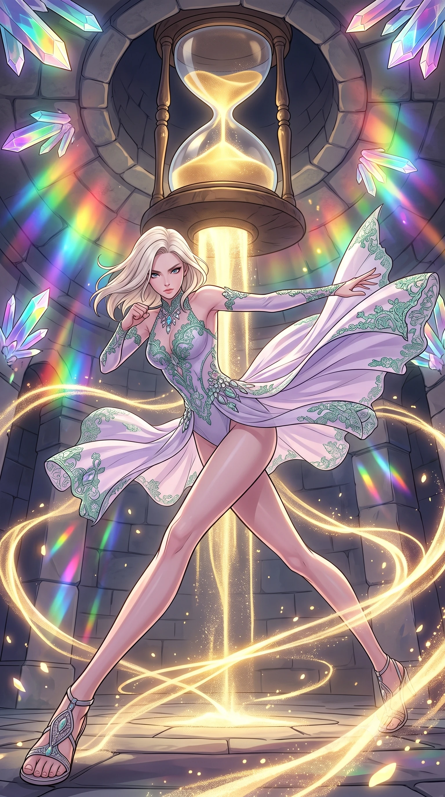 score_9, masterpiece, best quality, ultra-detailed, high-budget anime keyframe, clean line-art, cel-shading, Caucasian woman, strictly human ears. low angle full-body shot from head to toe showing her feet, filling the entire 9:16 vertical frame with her statuesque presence, stretching her vertical silhouette. executing a lightning-fast low sweep kick with fluid momentum and intense focus inside a stone chamber with a massive hourglass in the ceiling, glowing gold sand pouring down and floating in ribbons. She has a statuesque 8.5-heads proportion, an exceptionally tall, slender and willowy model-like build with impossibly long legs and a highly sculpted ultra-slim waist. sharp v-shaped jawline, high-bridge nose, intricate jewel-like eyes with depth, thick eyelashes, glossy lips with a natural sheen. wearing the lightweight fabric rippling and billowing dramatically with her movement, a tailored gossamer bodysuit in a pale lavender tone, with elaborate jade-green lace patterning and crystal embellishments. cascading rainbow prismatic light refracting through crystal formations overhead. highly saturated vibrant anime colors, intense vivid color palette, volumetric dynamic lighting, 2k, ultra detail, master piece, 9:16 ratio