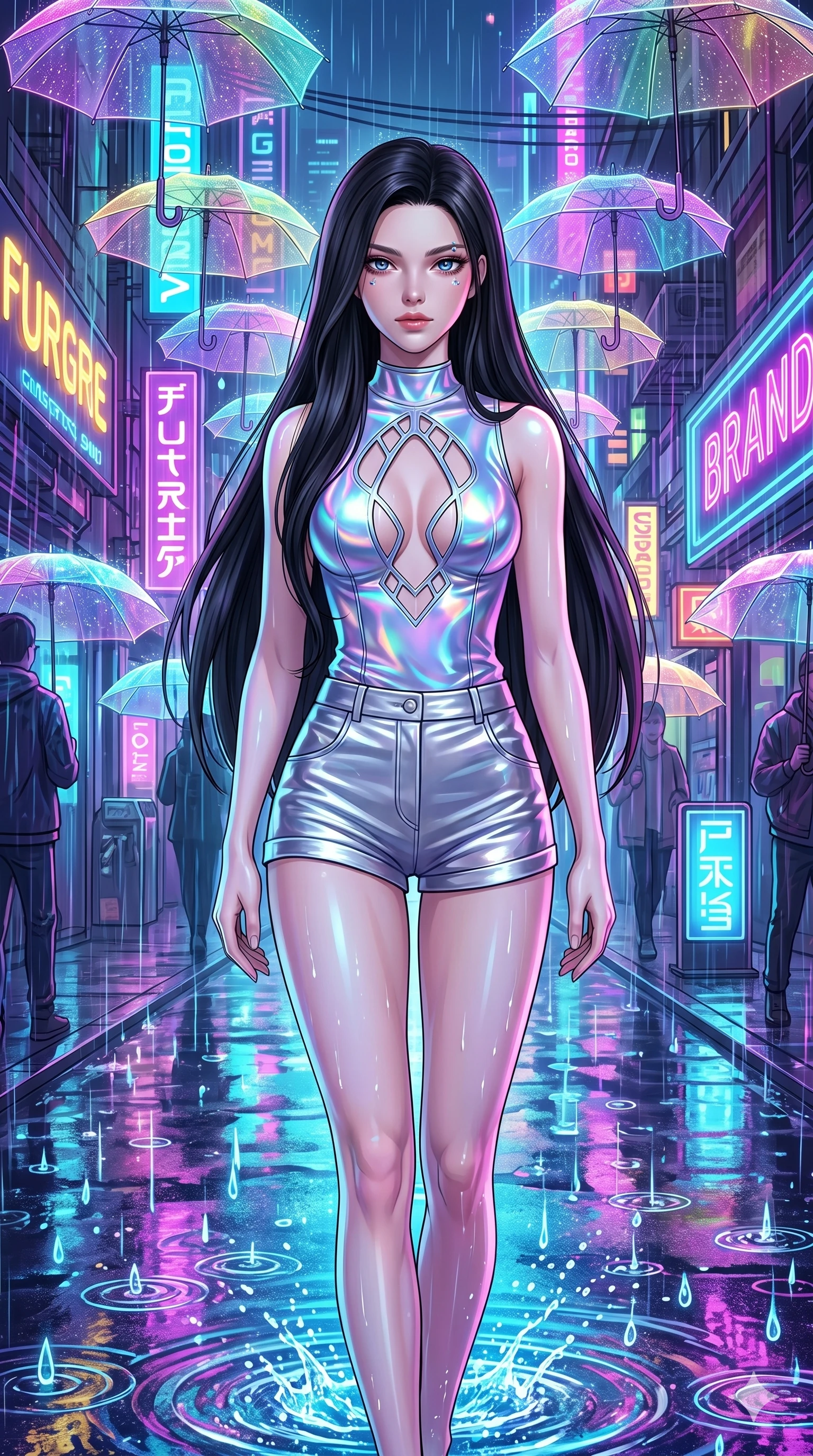 score_9, masterpiece, best quality, ultra-detailed, high-budget anime keyframe, Caucasian woman, strictly human ears. upper body close-up from the thighs up, character filling the screen for maximum presence. navigating a wet neon-lit future street under colorful floating umbrellas as translucent neon raindrops fall, creating brilliant splash ripples. She has an absolutely perfect 8-heads proportion, an exceptionally tall and slender female figure with impossibly long slender legs and an ultra-slim waist. V-shaped jawline, high-bridge nose, intricate jewel-like eyes with depth, thick eyelashes, glossy lips with a natural sheen.. wearing a holographic liquid silk vest and silver metallic tailored tailored mini shorts, featuring a keyhole cutout and architectural silhouette. enhanced by a luminous pastel spectrum glow, casting elegant rim lights on her shoulders and jawline. 2k, ultra detail, master piece, 9:16 ratio